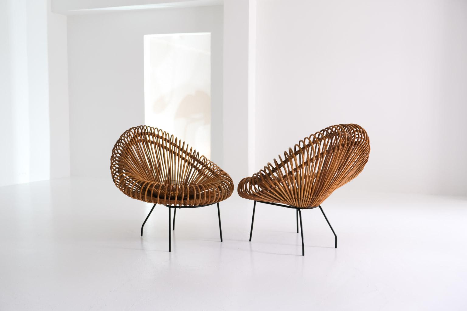 Mid-Century Modern 2 Basketware Lounge Chairs by Janine Abraham & Dirk Jan Rol for Edition Rougier For Sale