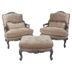2 Bassett Furniture French Louis XV Style Bergere Club Arm Chairs & Ottoman Pair