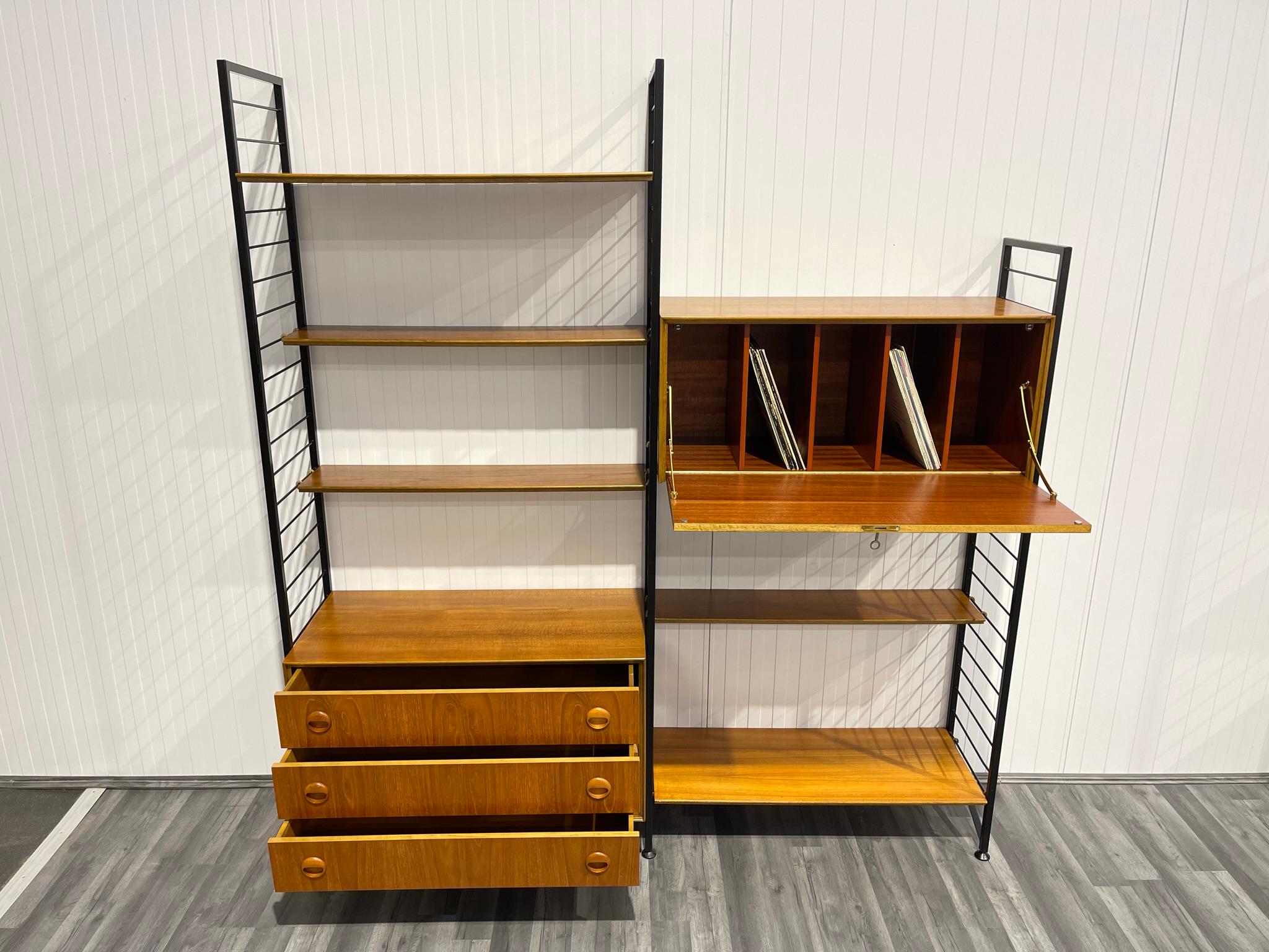 2 Bay Staples Ladderax Mid Century Teak Shelving System with Record Cabinet 5