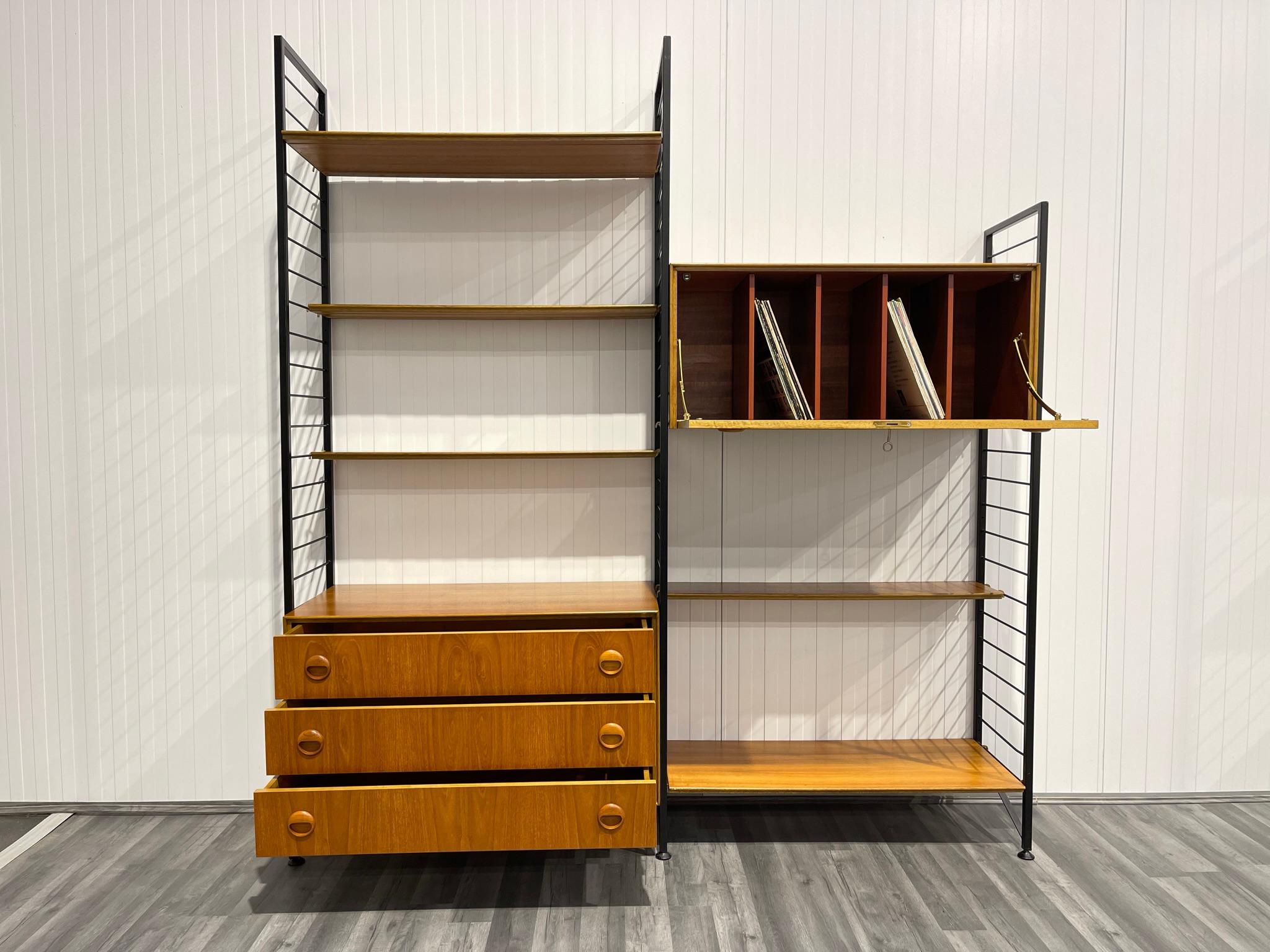 2 Bay Staples Ladderax Mid Century Teak Shelving System with Record Cabinet 6