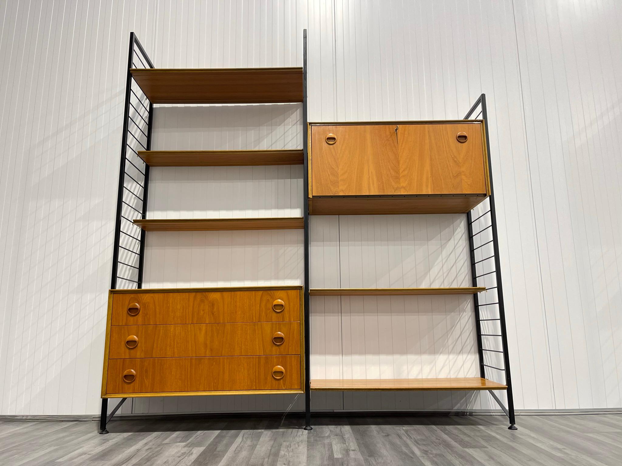Mid-Century Modern 2 Bay Staples Ladderax Mid Century Teak Shelving System with Record Cabinet