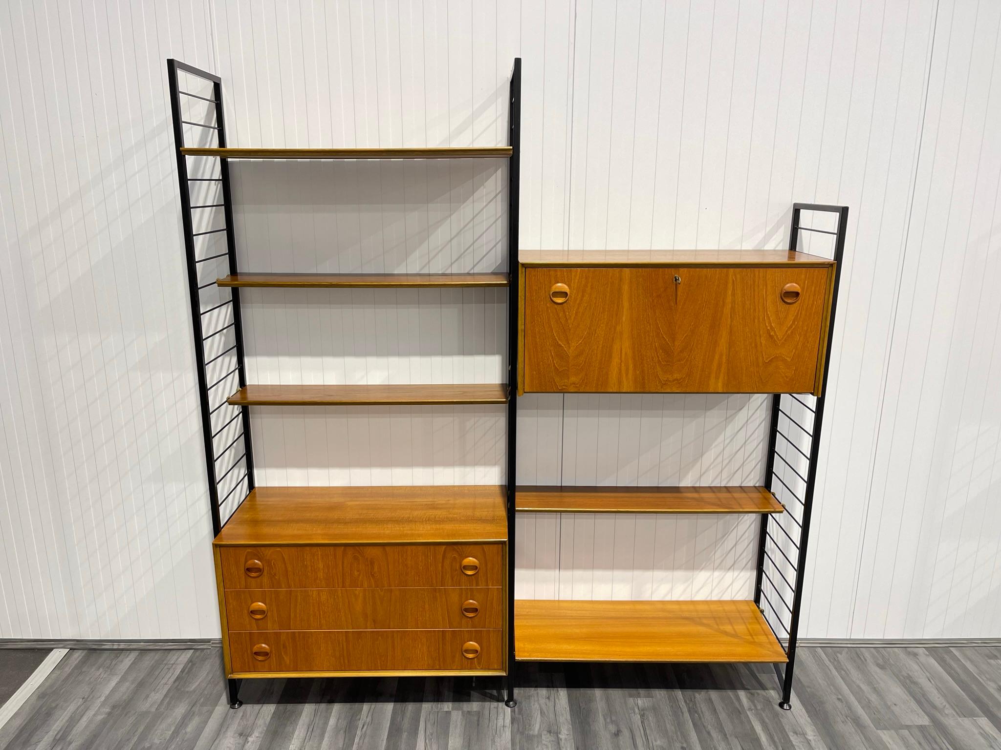 British 2 Bay Staples Ladderax Mid Century Teak Shelving System with Record Cabinet