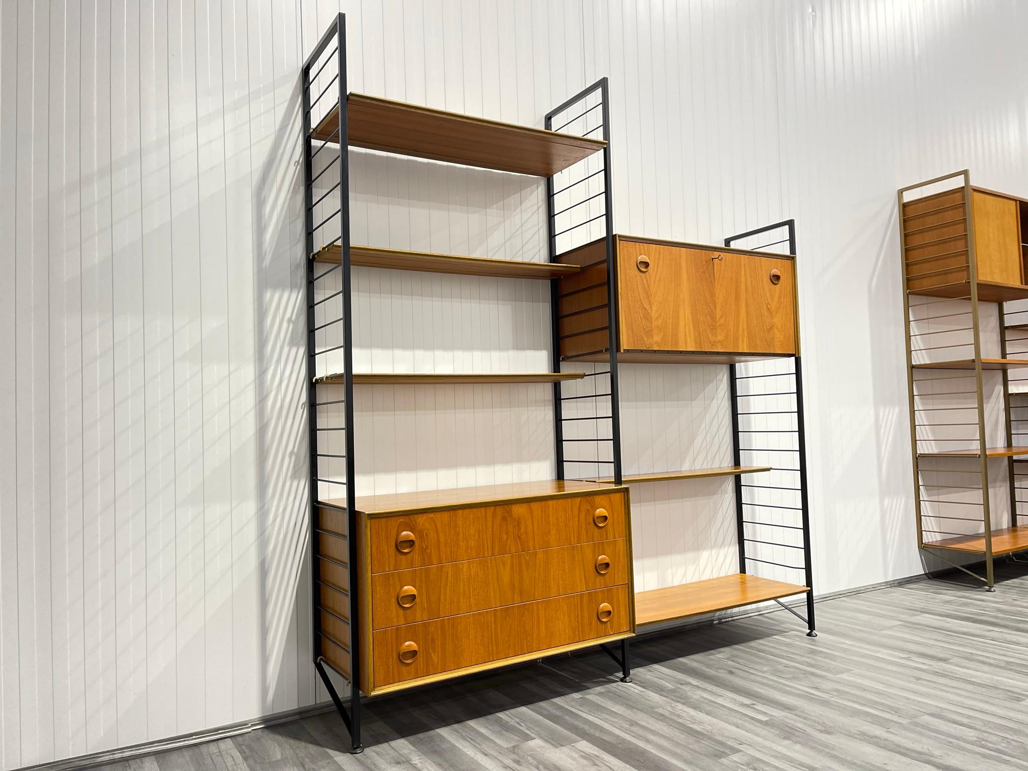 2 Bay Staples Ladderax Mid Century Teak Shelving System with Record Cabinet In Good Condition In Kilmarnock, GB