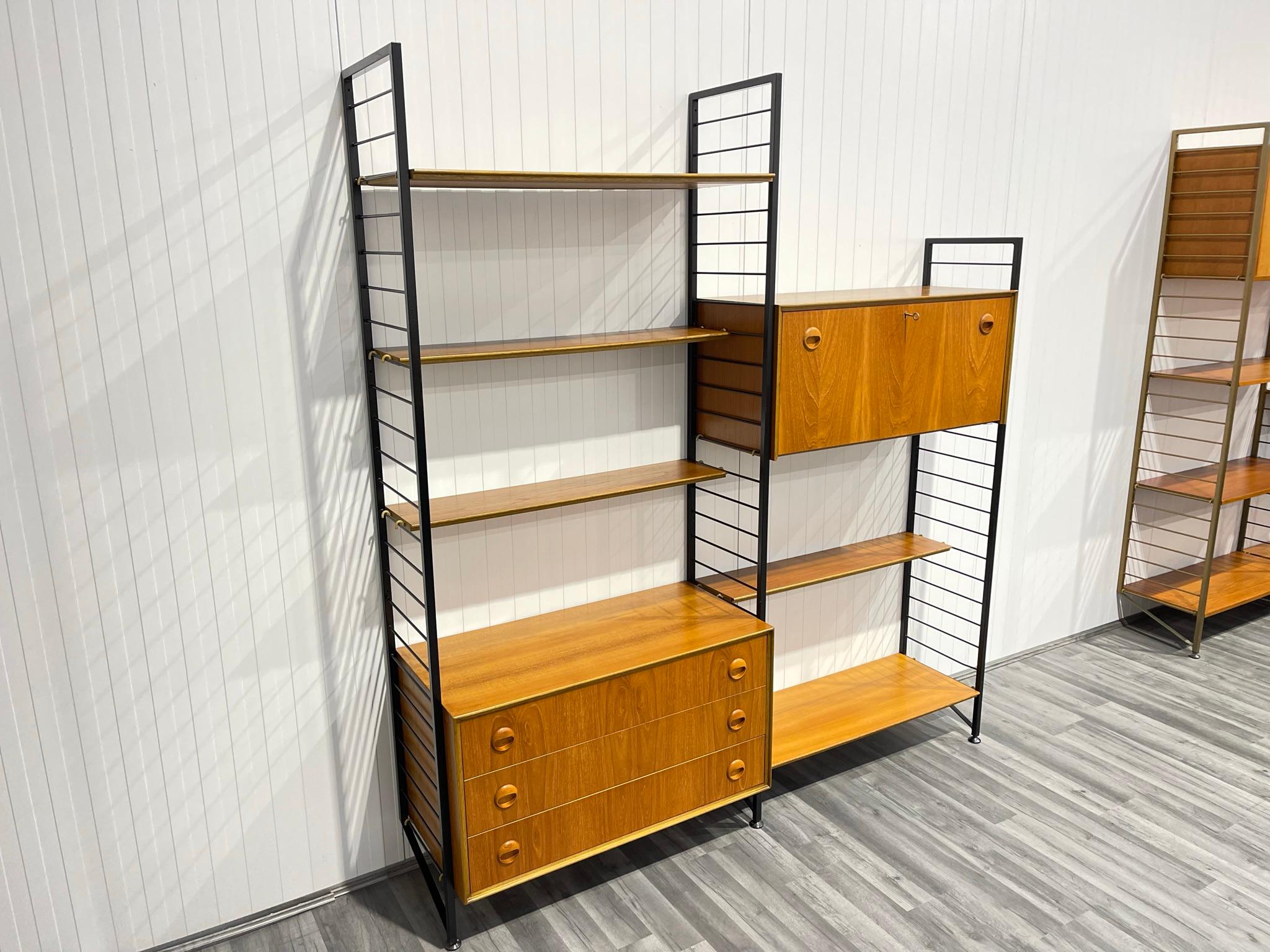 Metal 2 Bay Staples Ladderax Mid Century Teak Shelving System with Record Cabinet