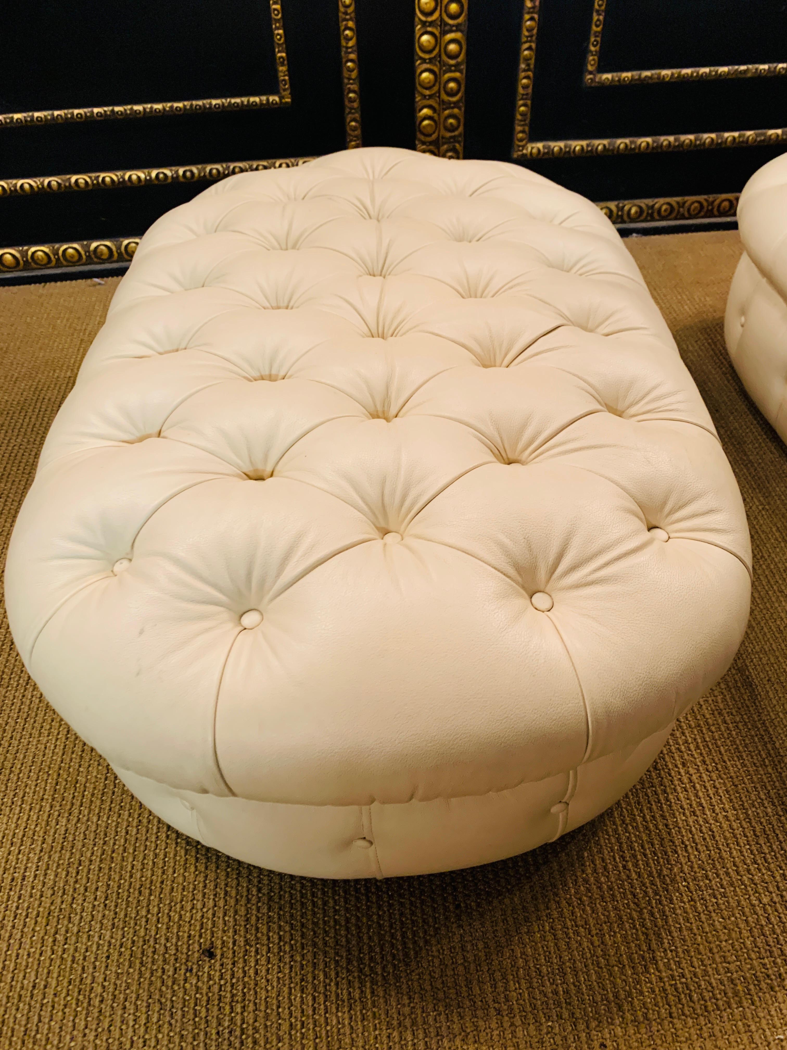 2 Beautiful Chesterfield Stools in Beige Leather Oval Shape For Sale 7