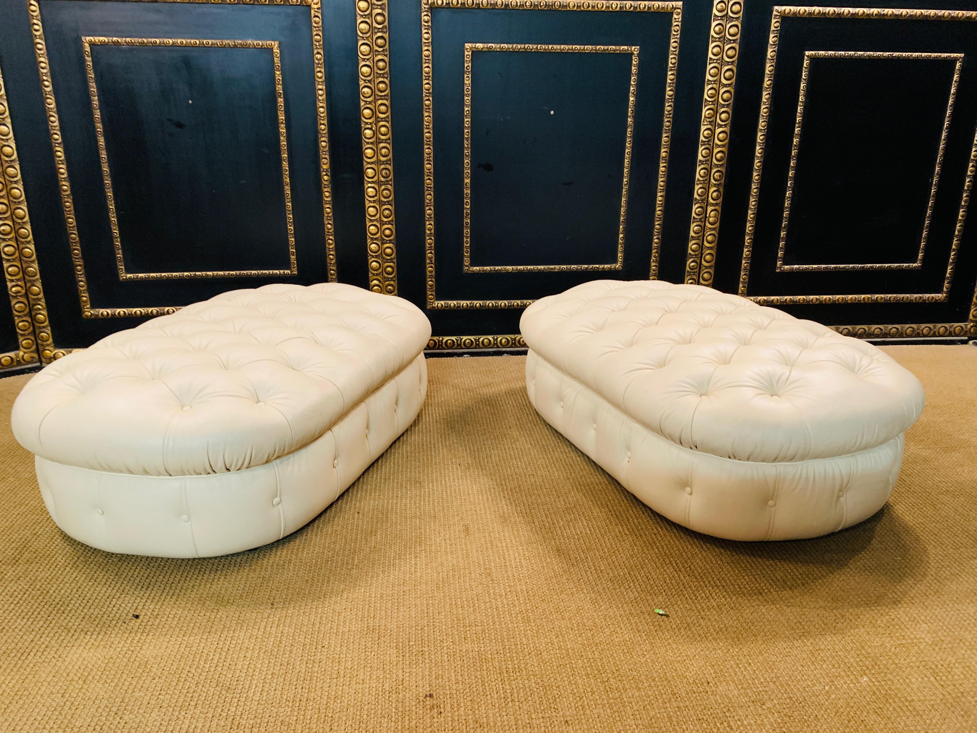 Italian 2 Beautiful Chesterfield Stools in Beige Leather Oval Shape For Sale