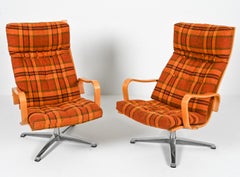 (2) Beech and Fabric Easy Swivel Chairs by Yngvar Sandstrom Chairs C.1970's