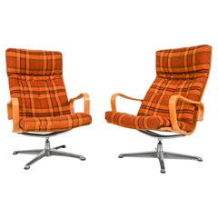 (2) Beech and Fabric Easy Swivel Chairs by Yngvar Sandstrom Chairs C.1970's