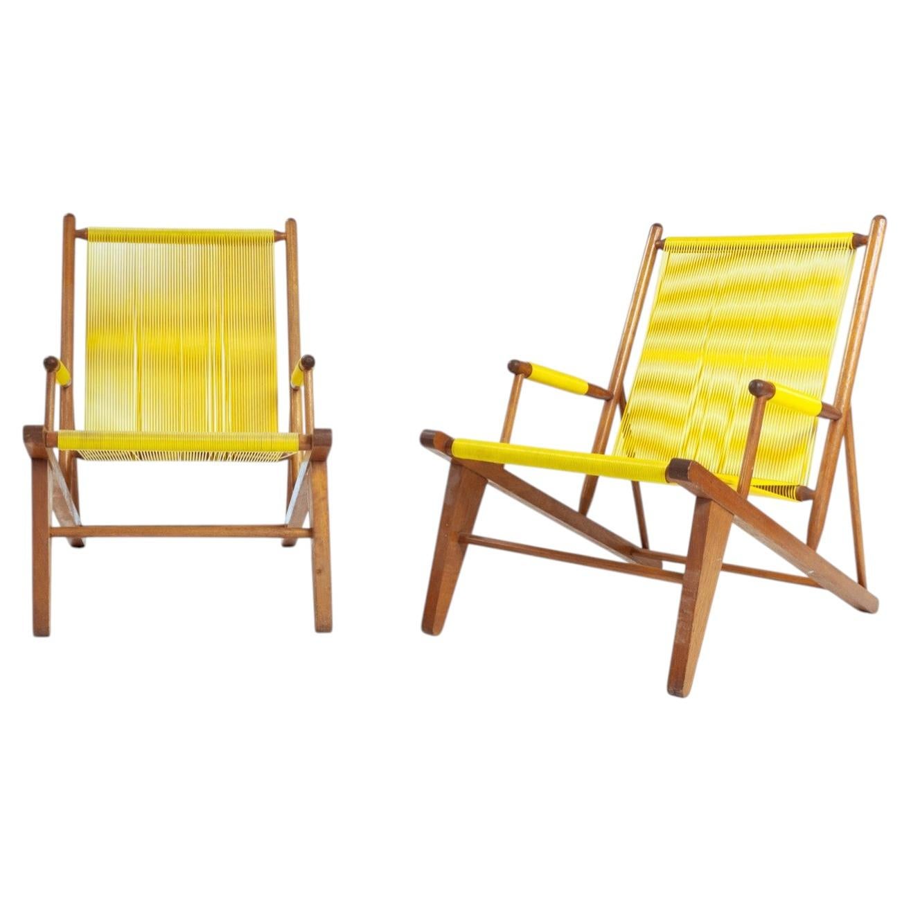 2 beechwood yellow 'spaghetti' armchairs garden lounge chairs, 1960s For Sale