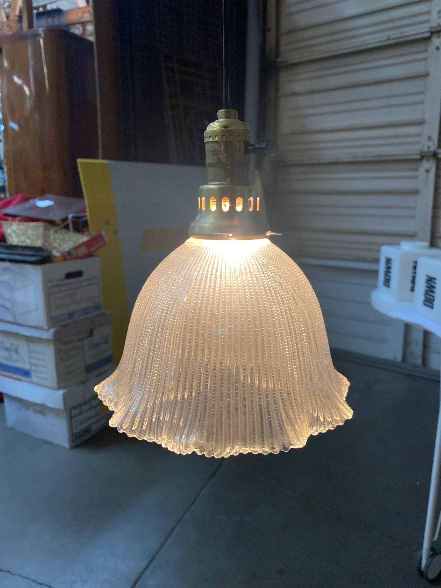 Bell Holophane Glass Shade with Brass Hanging Ceiling Pendant Light In Excellent Condition For Sale In Van Nuys, CA