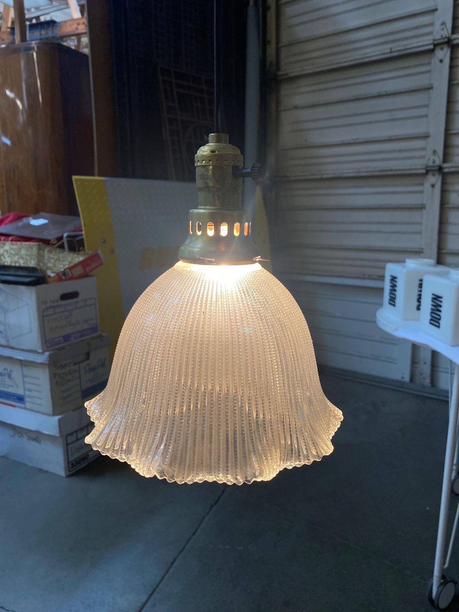 Mid-20th Century Bell Holophane Glass Shade with Brass Hanging Ceiling Pendant Light For Sale