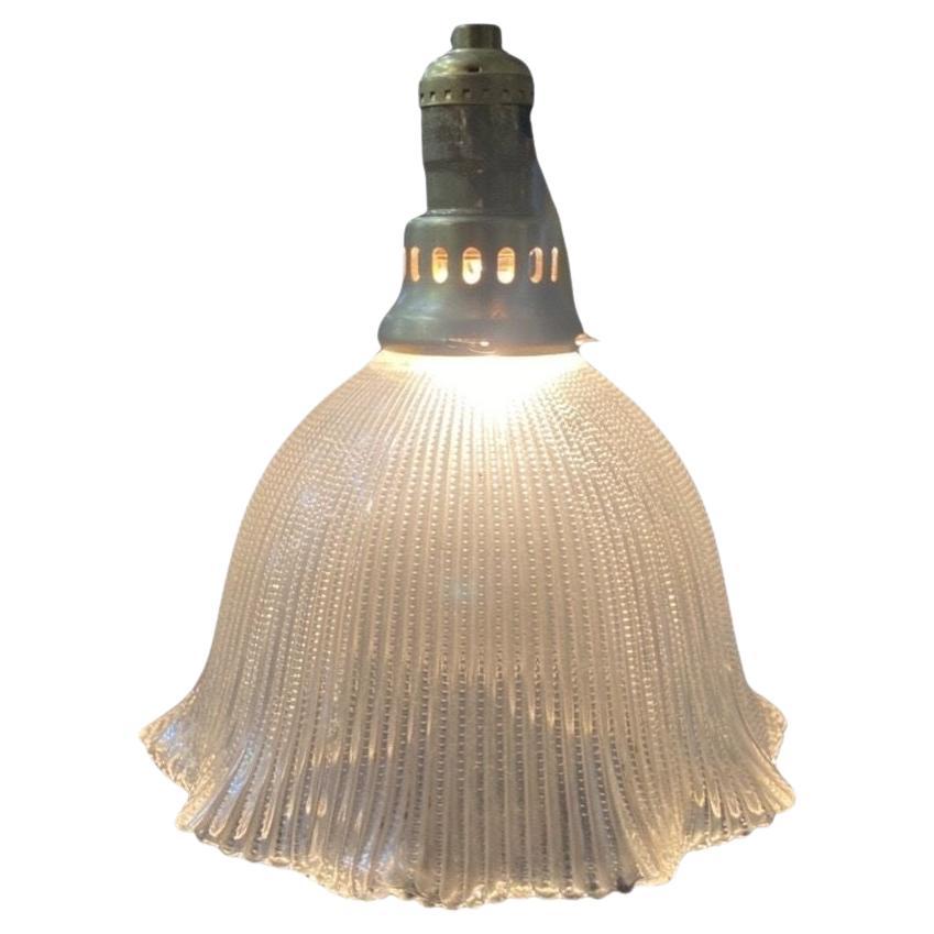 Bell Holophane Glass Shade with Brass Hanging Ceiling Pendant Light For Sale