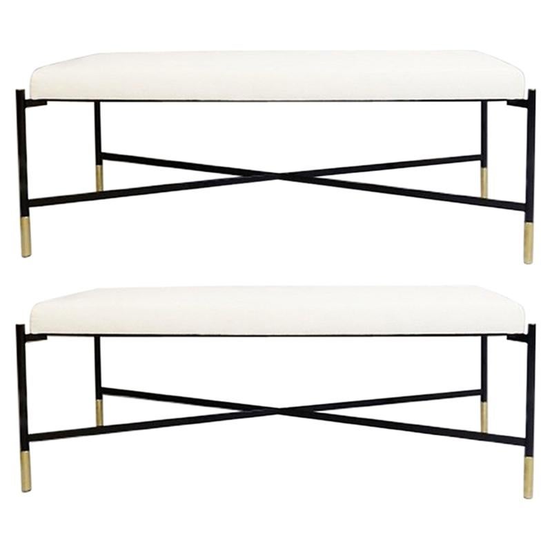 2 Benches New Cream White Fabric with Black Metal Legs, Price for One For Sale