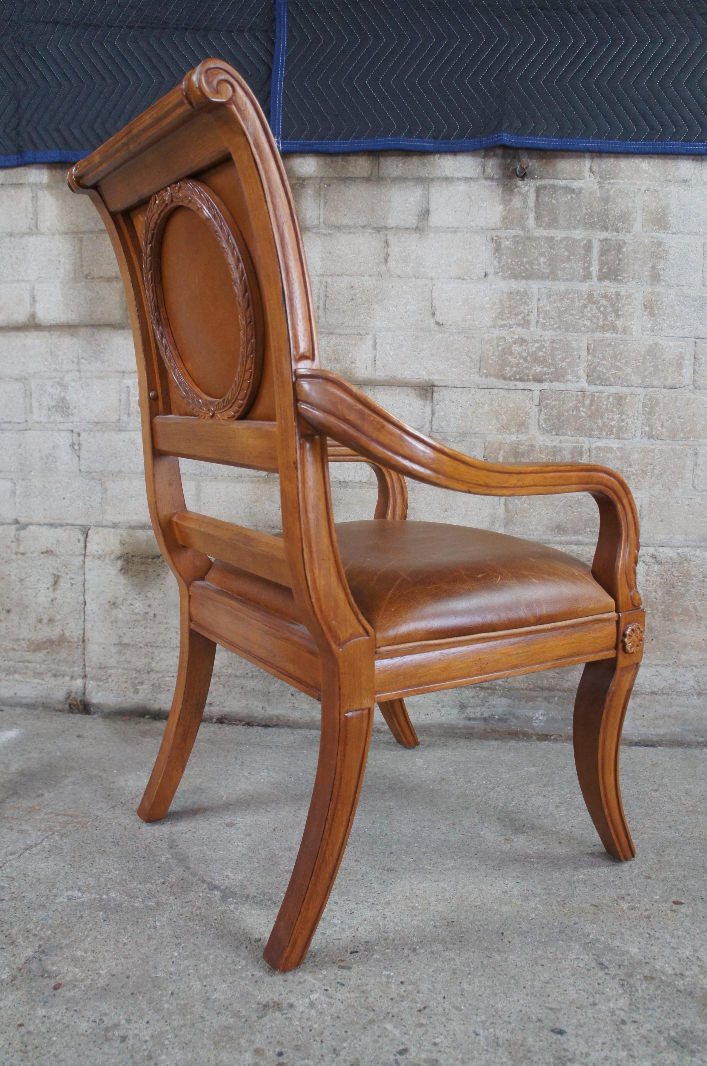 2 Bernhardt Neoclassical Empire Revival Leather Dining Arm Accent Chairs Pair In Good Condition In Dayton, OH