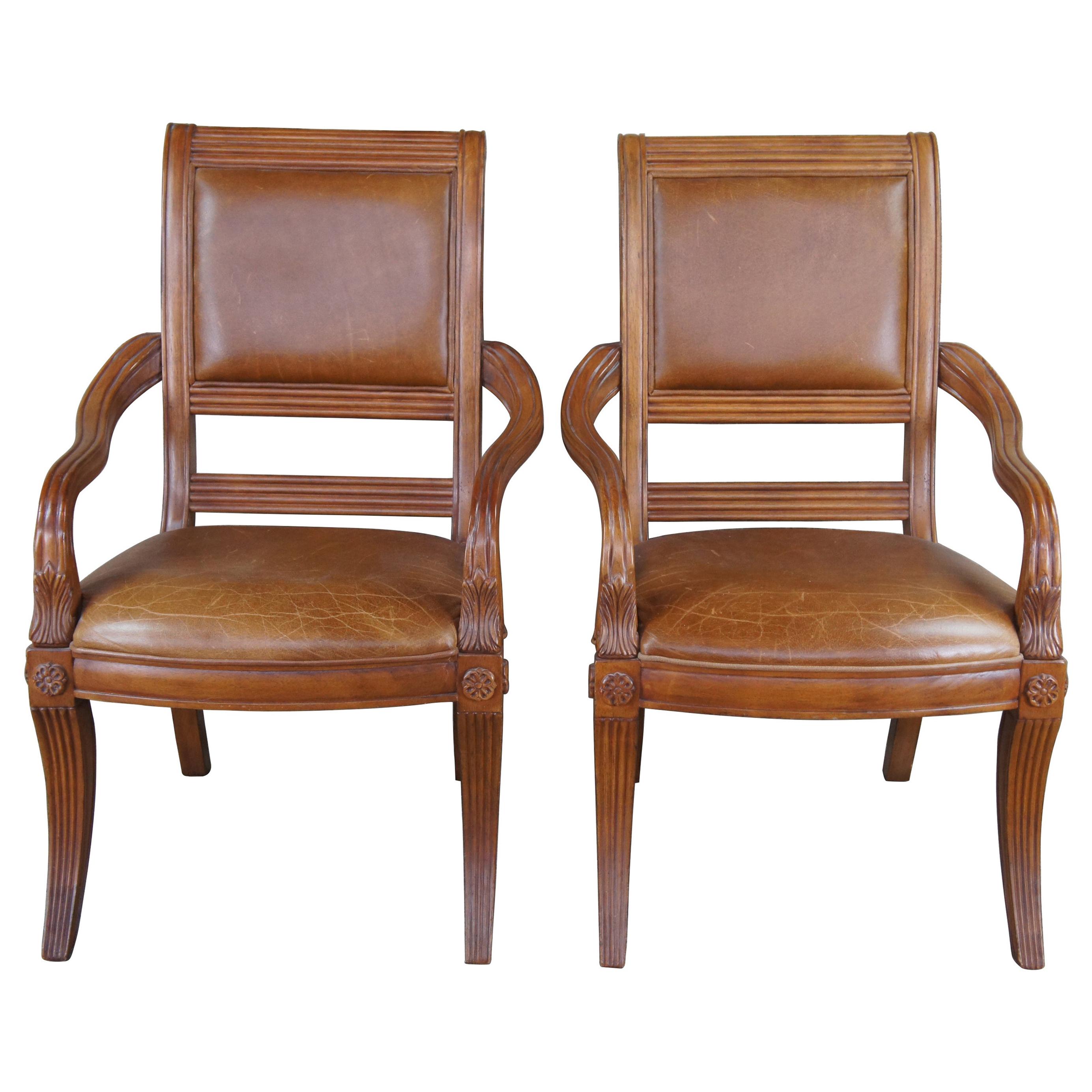 2 Bernhardt Neoclassical Empire Revival Leather Dining Arm Accent Chairs Pair