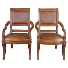 Vintage 2 Bernhardt Neoclassical Empire Revival Leather Dining Arm Accent Chairs Pair