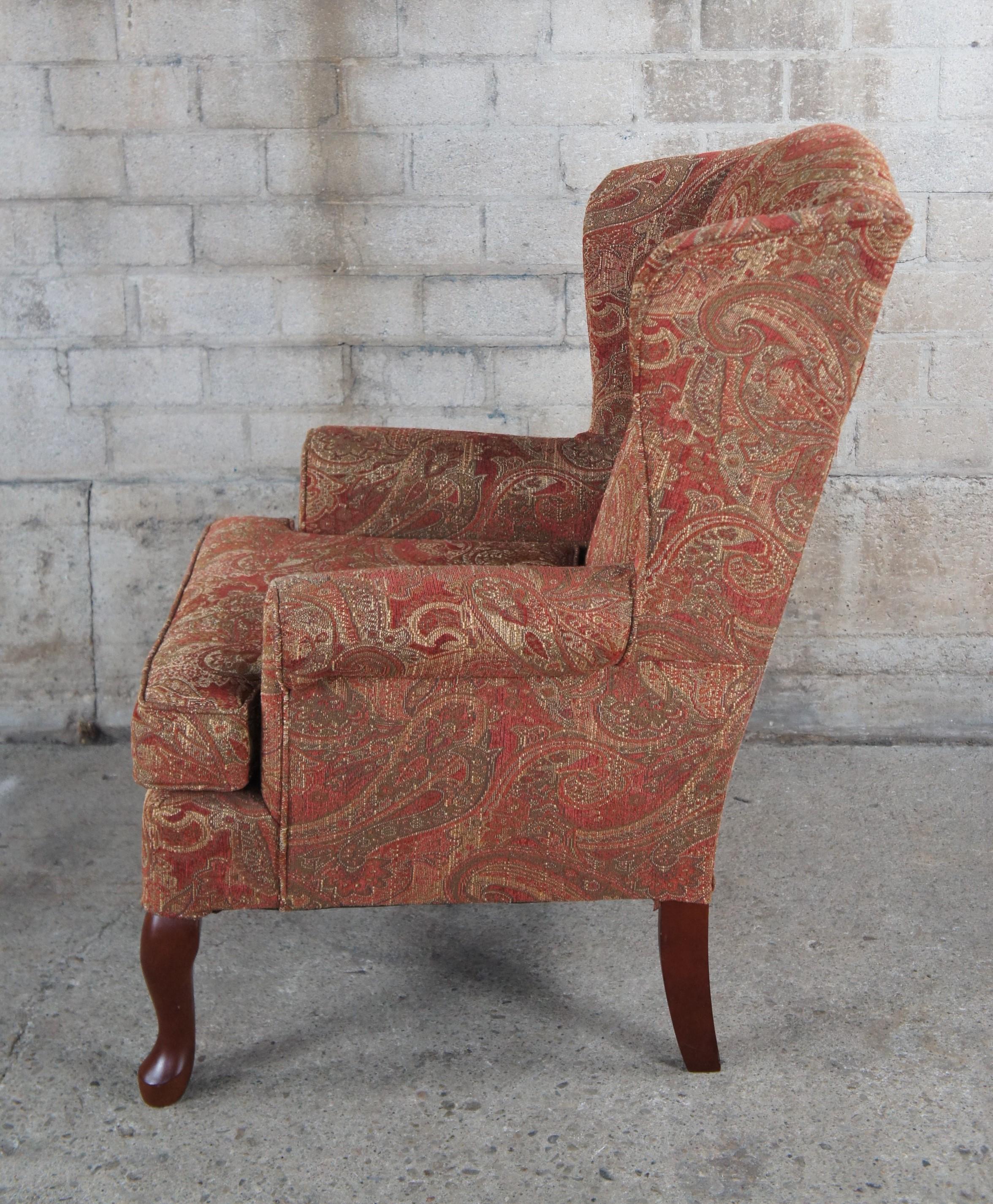 20th Century 2 Best Home Furnishings Queen Anne Style Wingback Arm Chairs Paisley Fabric Pair