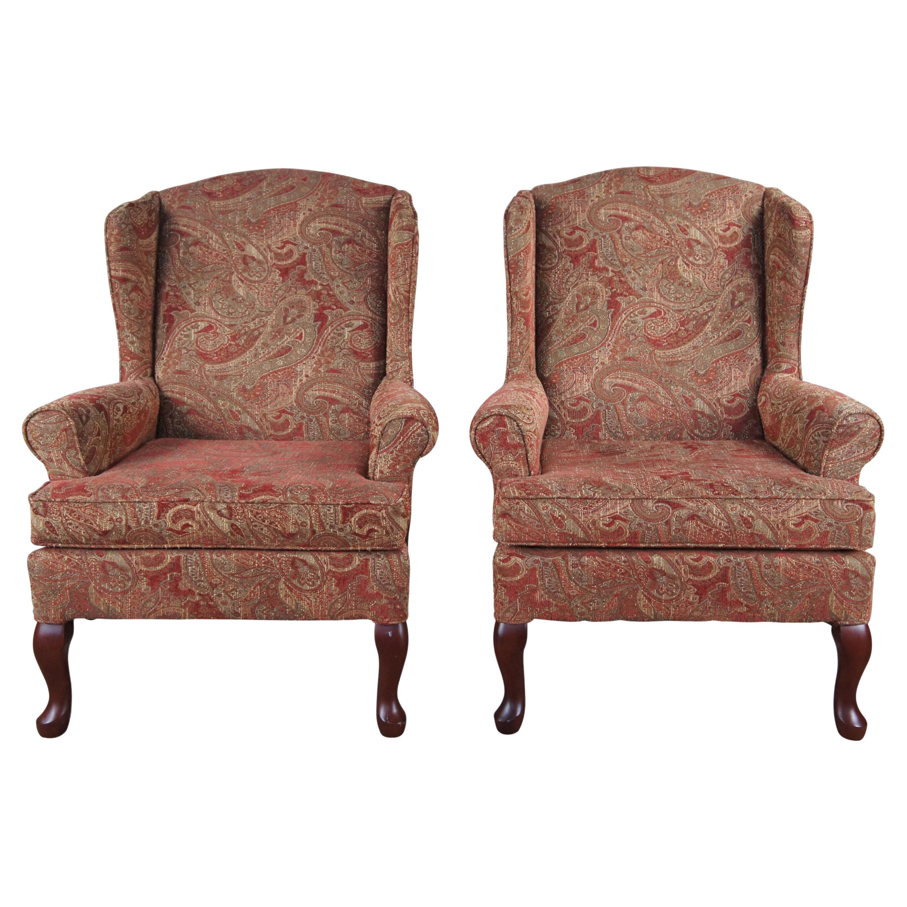 2 Best Home Furnishings Queen Anne Style Wingback Arm Chairs Paisley Fabric Pair