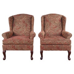 Vintage 2 Best Home Furnishings Queen Anne Style Wingback Arm Chairs Paisley Fabric Pair
