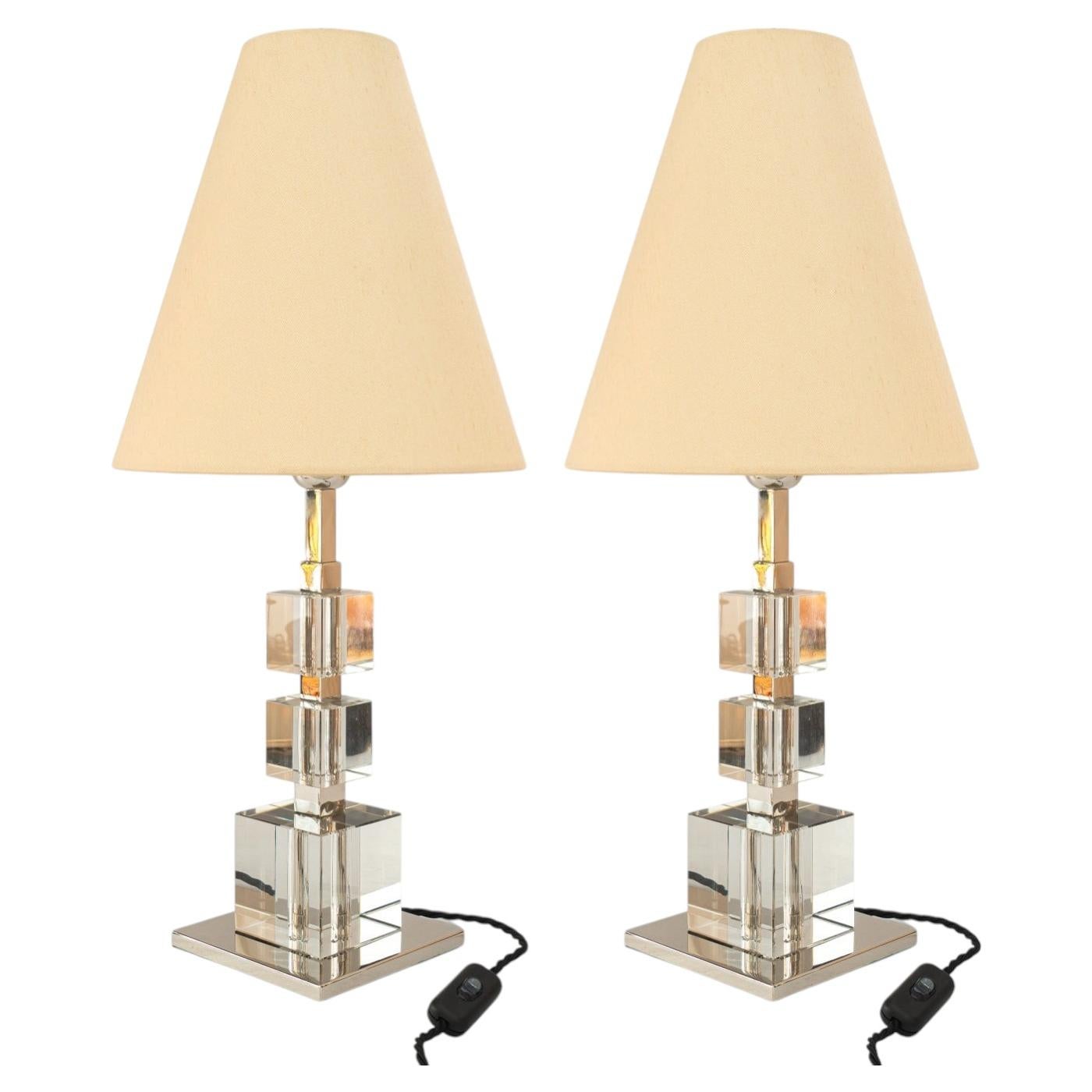 2 big Art Deco bakalowits nickel-plated table lamps with fabric shades 1920s For Sale