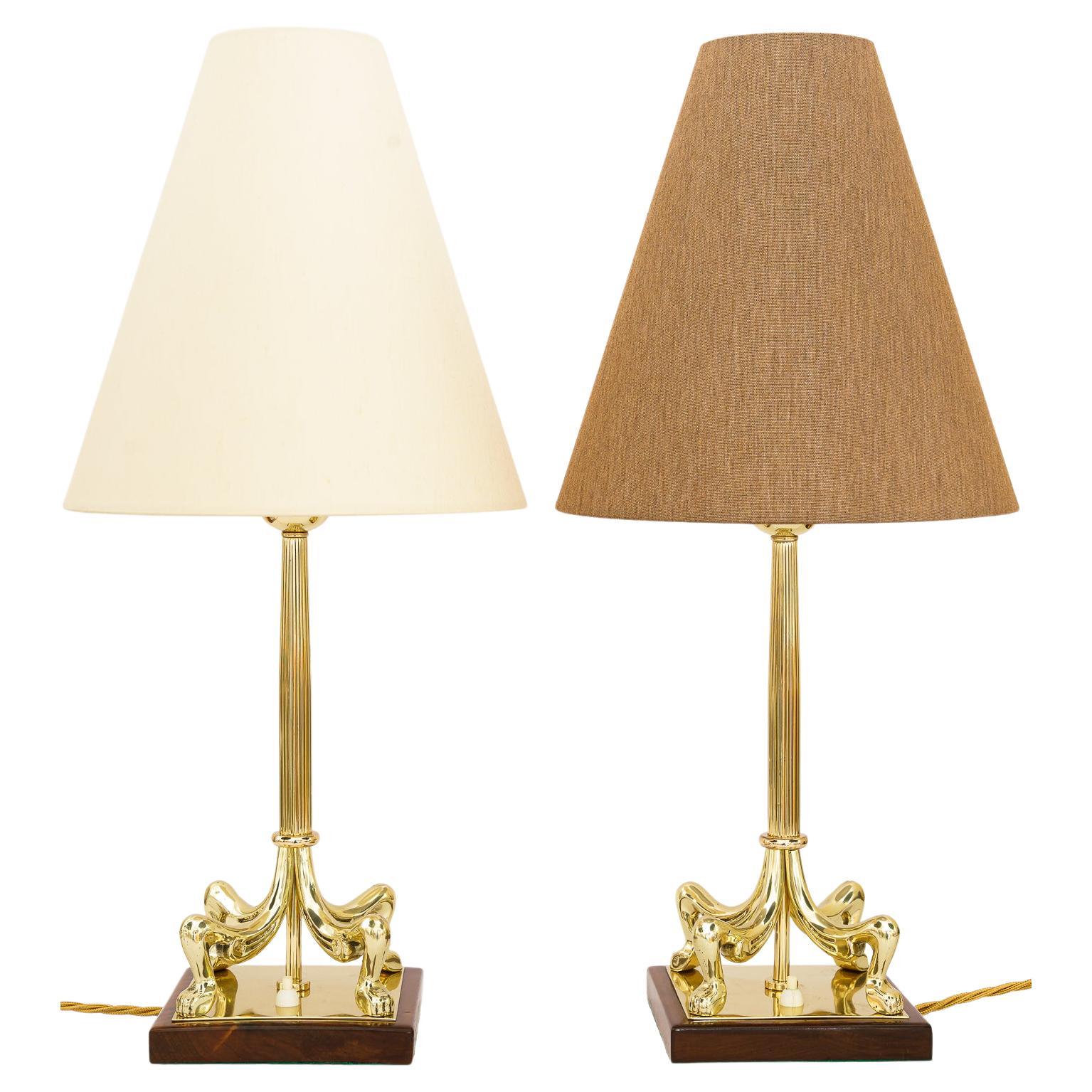 2 Big Art Deco Table Lamps with Fabric Shades Vienna Around 1920s For Sale
