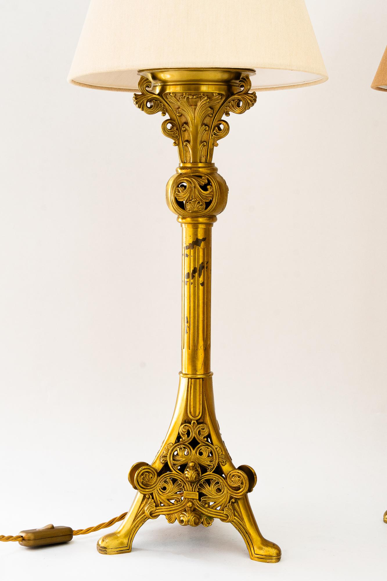 Neoclassical 2  big Historistic table lamps with fabric shades around 1890s For Sale