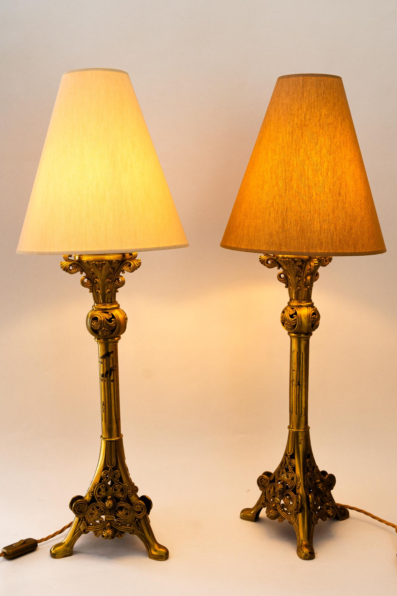 2  big Historistic table lamps with fabric shades around 1890s For Sale 1