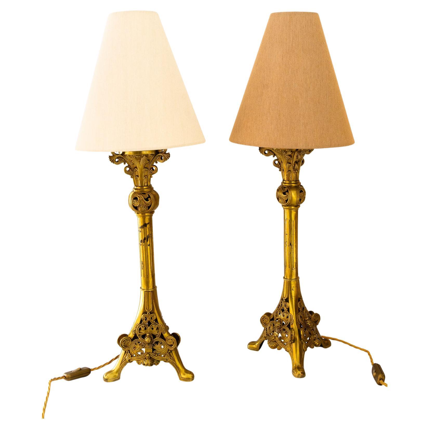 2  big Historistic table lamps with fabric shades around 1890s