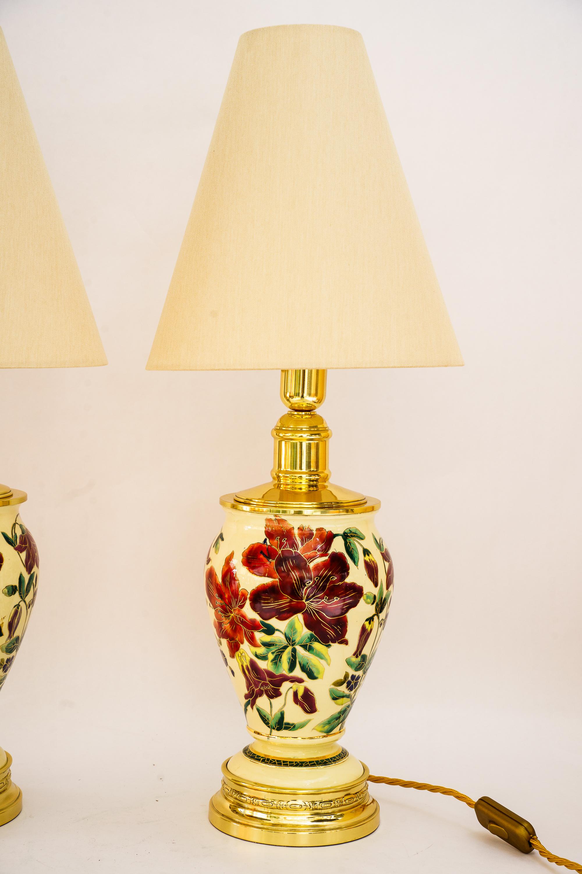 Neoclassical 2 big historistic table lamps with fabric shades vienna around 1890s For Sale
