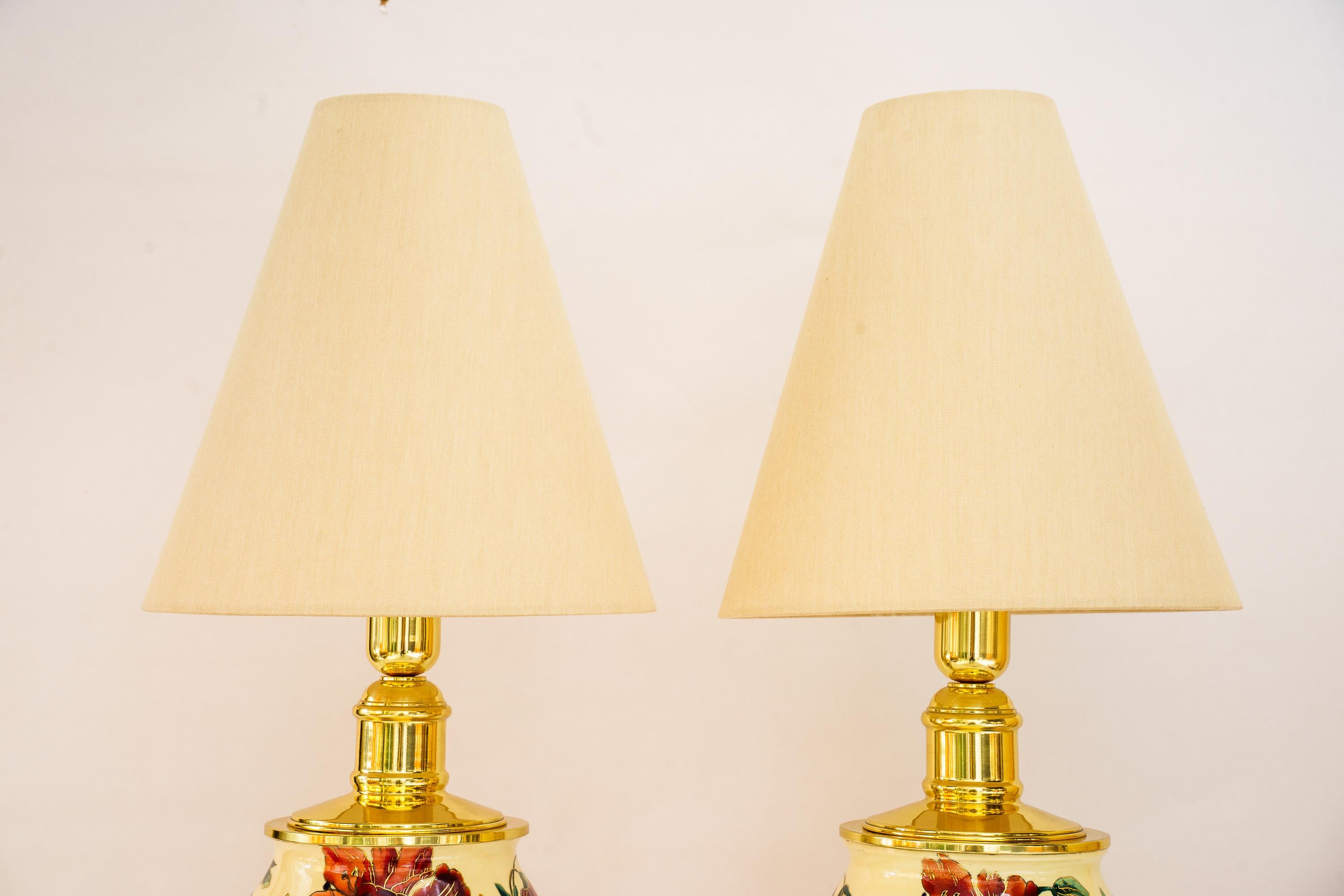 Austrian 2 big historistic table lamps with fabric shades vienna around 1890s For Sale