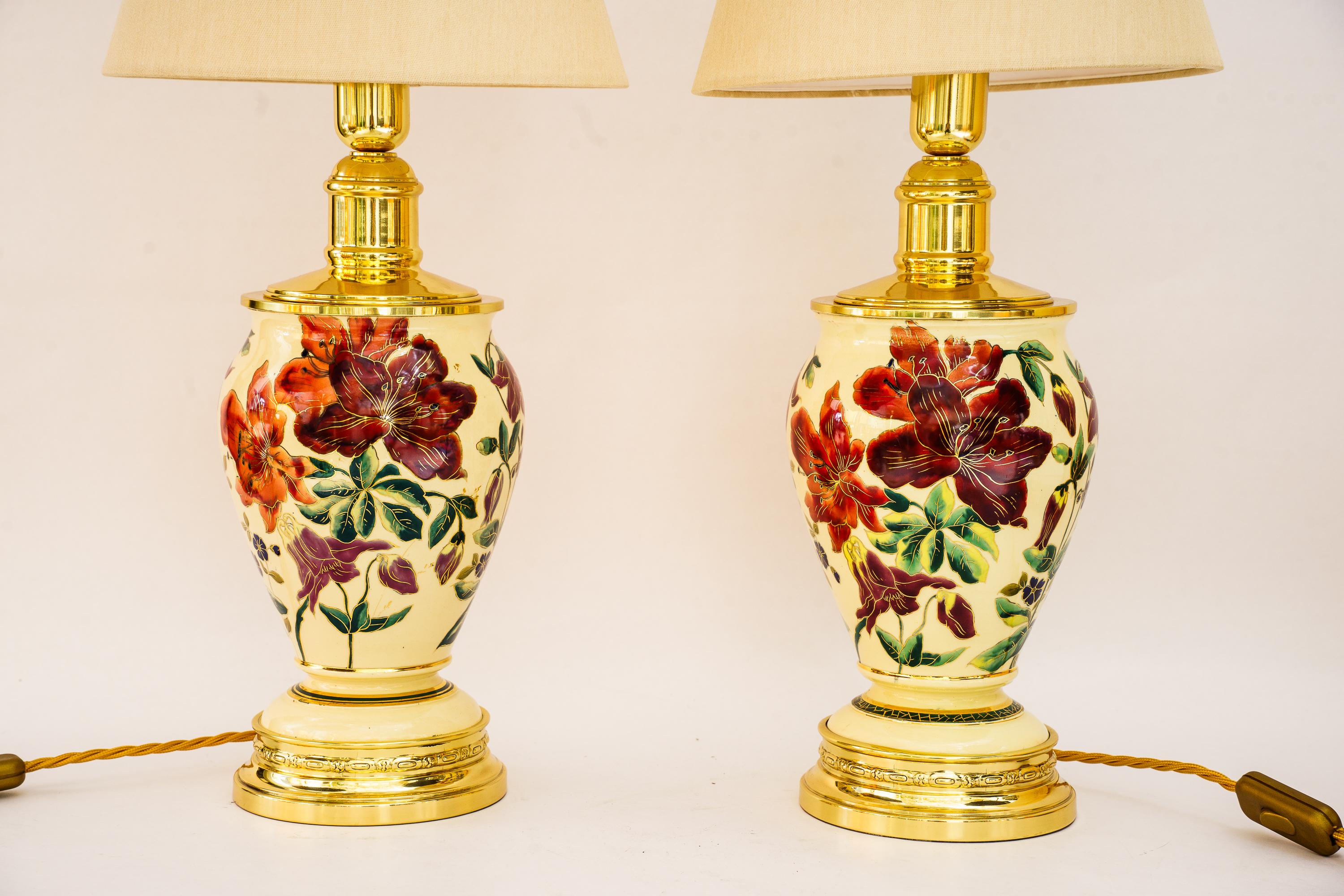 Polished 2 big historistic table lamps with fabric shades vienna around 1890s For Sale
