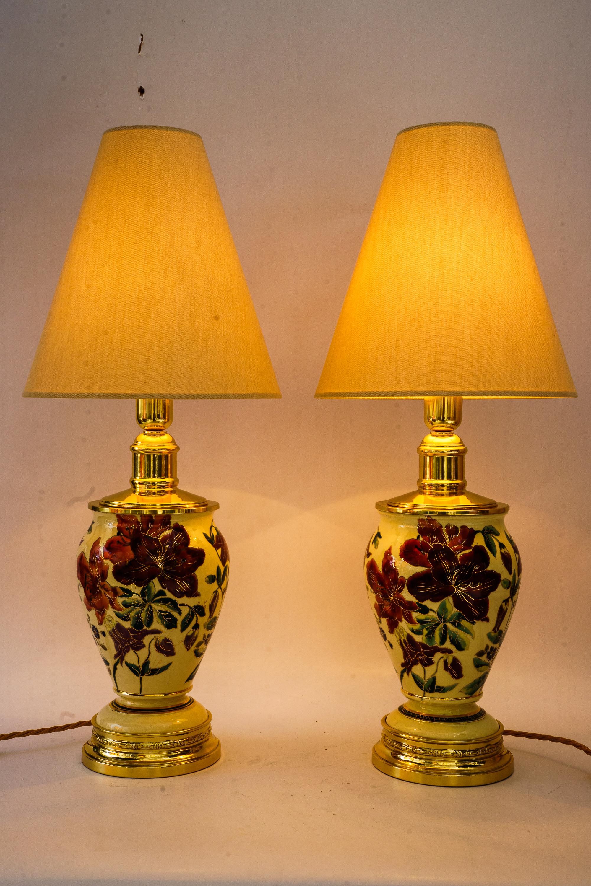 2 big historistic table lamps with fabric shades vienna around 1890s In Good Condition For Sale In Wien, AT
