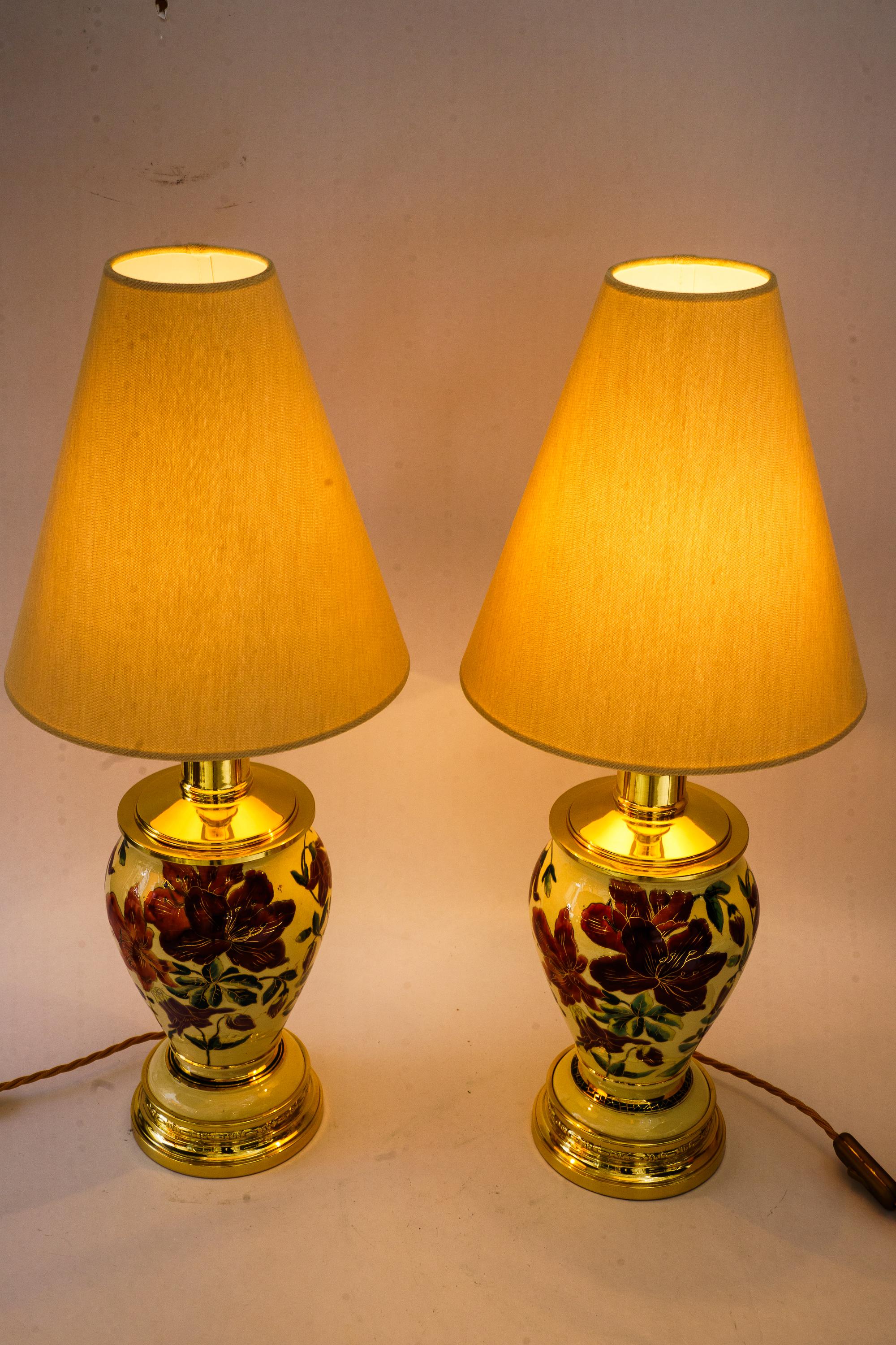 Late 19th Century 2 big historistic table lamps with fabric shades vienna around 1890s For Sale