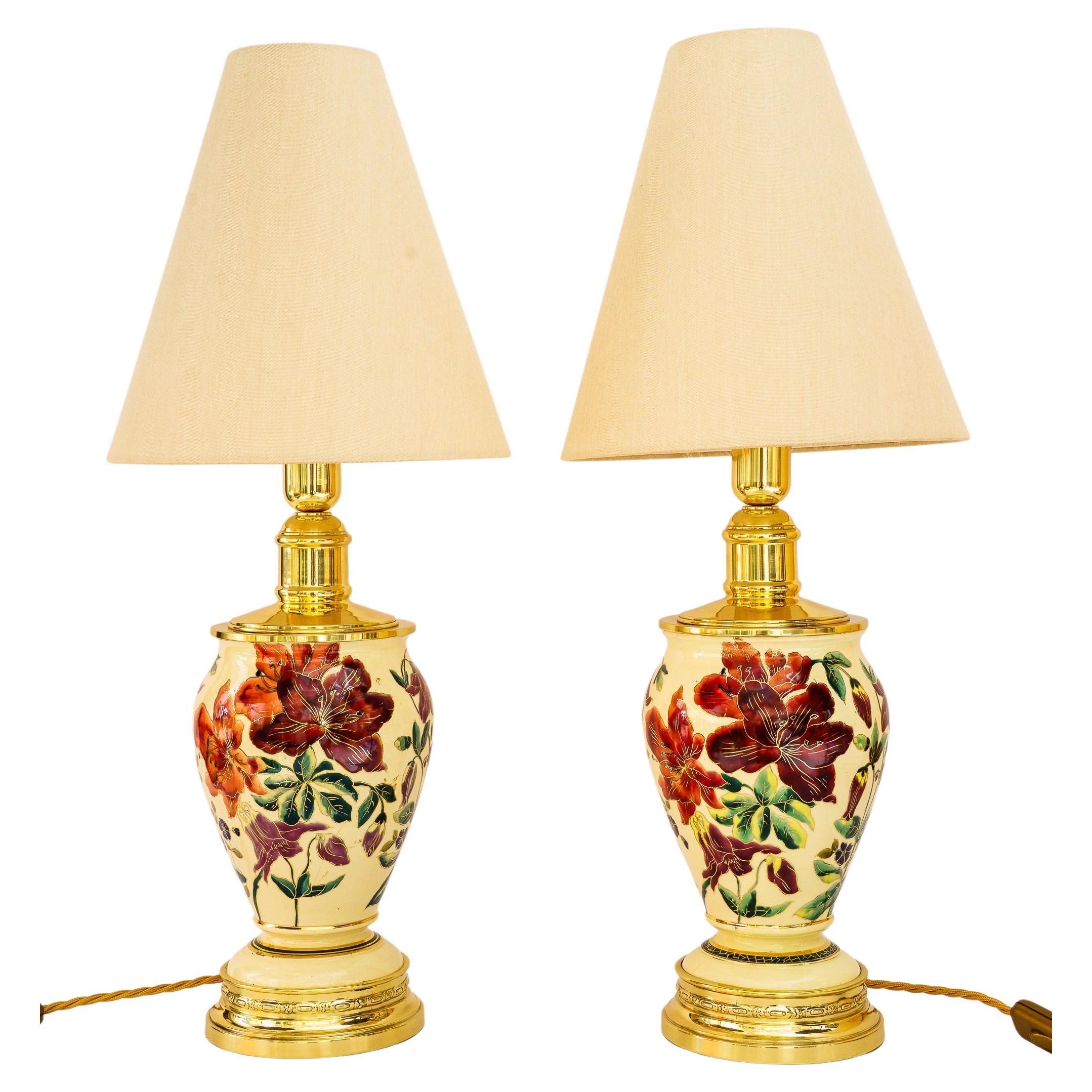 2 big historistic table lamps with fabric shades vienna around 1890s For Sale