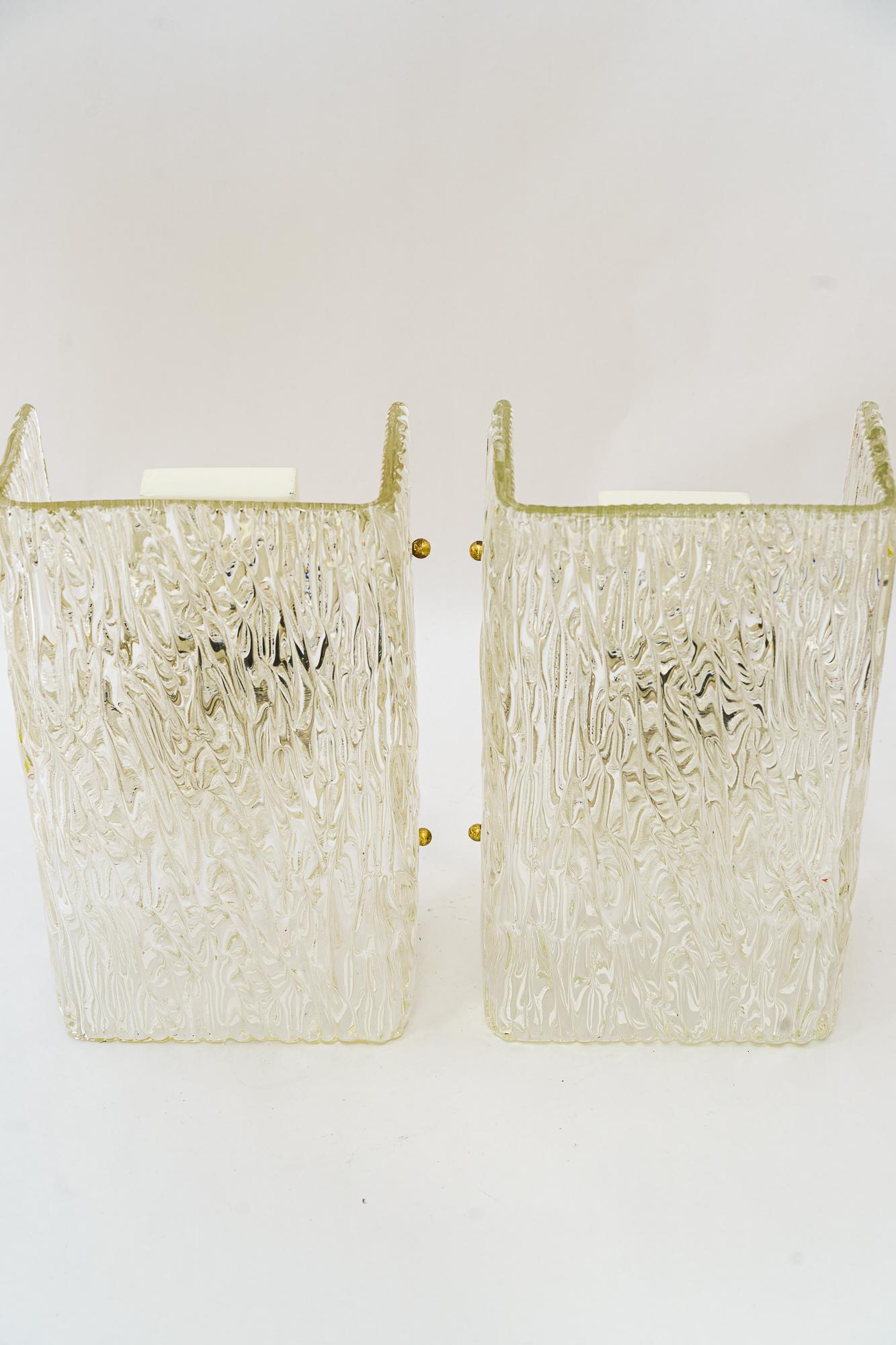 Mid-Century Modern 2 Big Kalmar wall lamps with textured glass vienna around 1950s For Sale