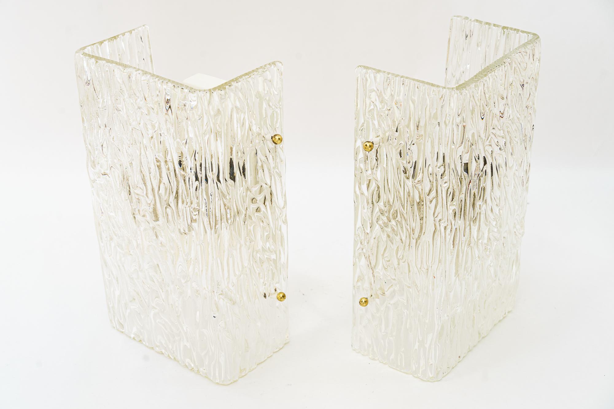 Austrian 2 Big Kalmar wall lamps with textured glass vienna around 1950s For Sale