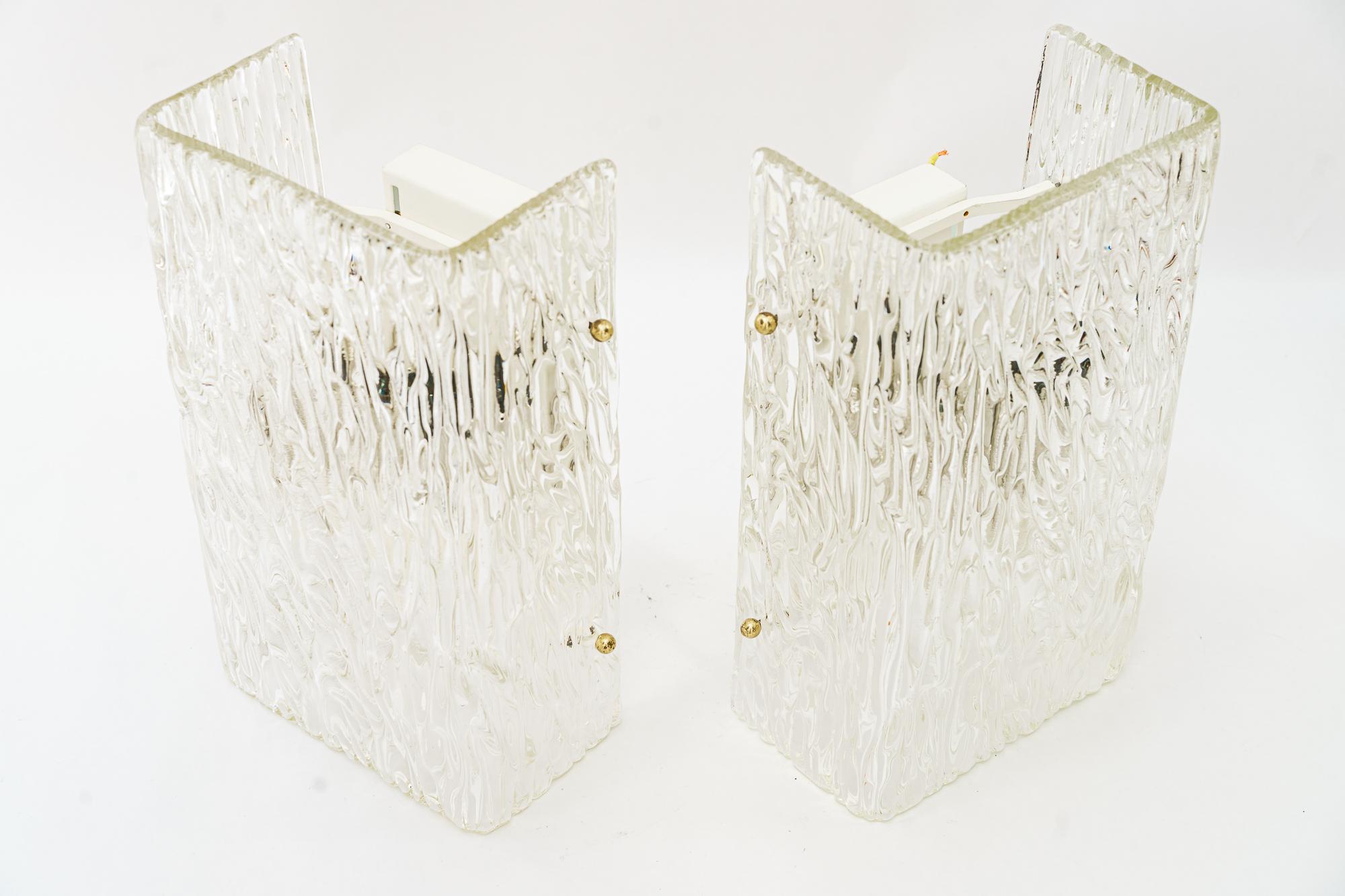 Painted 2 Big Kalmar wall lamps with textured glass vienna around 1950s For Sale