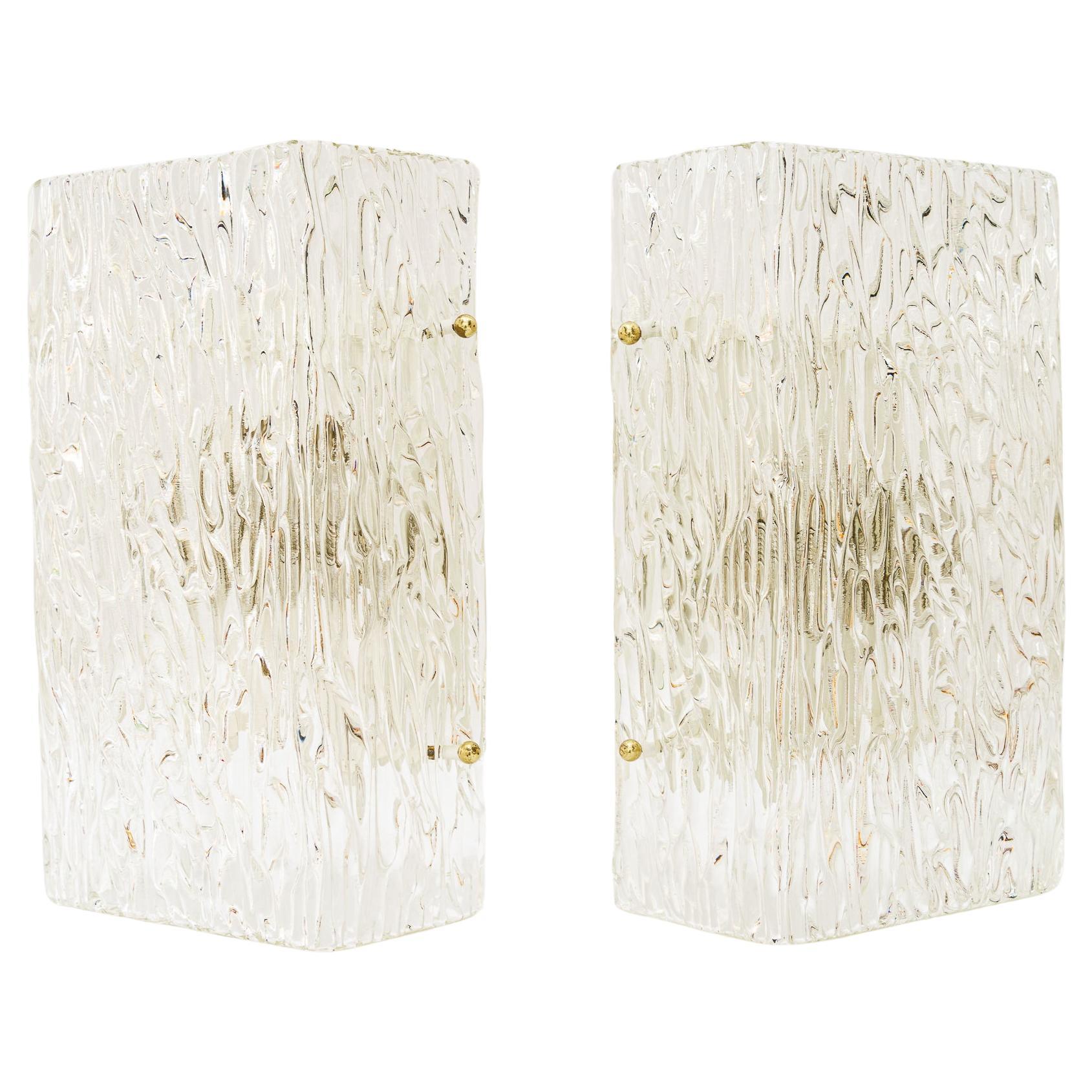 2 Big Kalmar wall lamps with textured glass vienna around 1950s For Sale