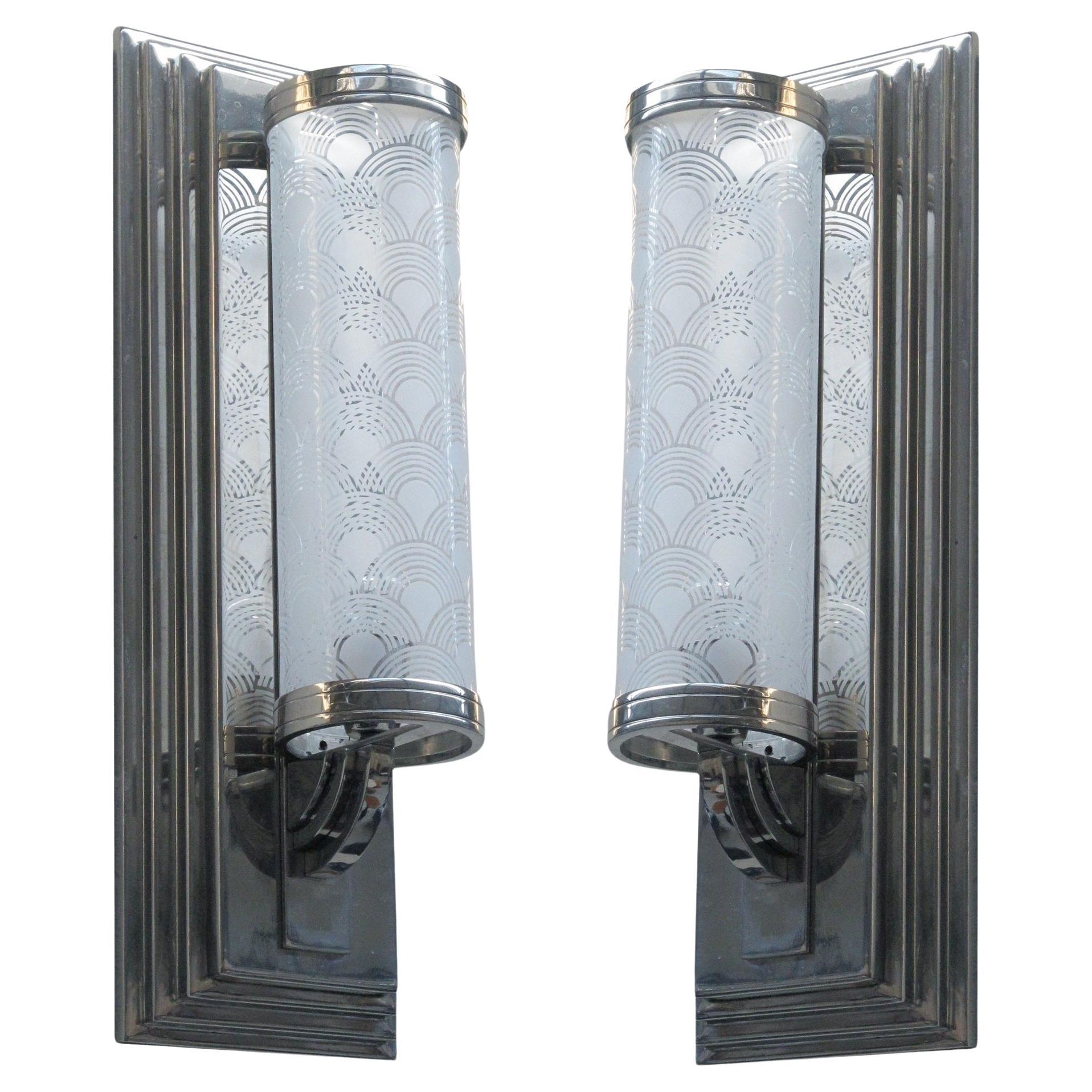 2 Big Sconces in Chrome and Glass, Style, Art Deco, Year, 1930, German For Sale