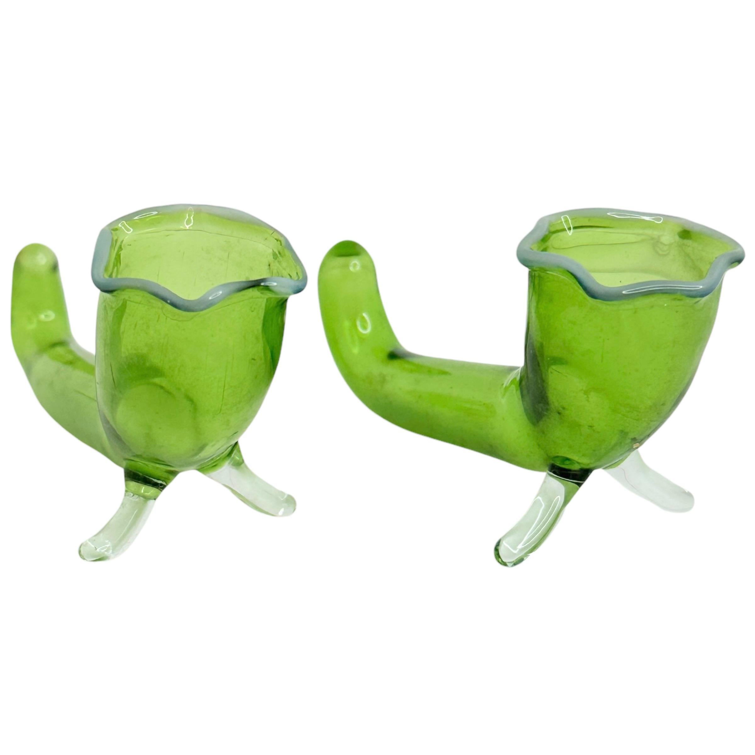 Here are two spoon, knife, chopstick rests / mini tube bud vases, Handmade Glass fused Vintage old bar accessory by Austrian Bimini Lauscha. Extra lightweight. Open tops like trumpets with tube bodies. Underneath the trumpet has 2 glass legs to hold