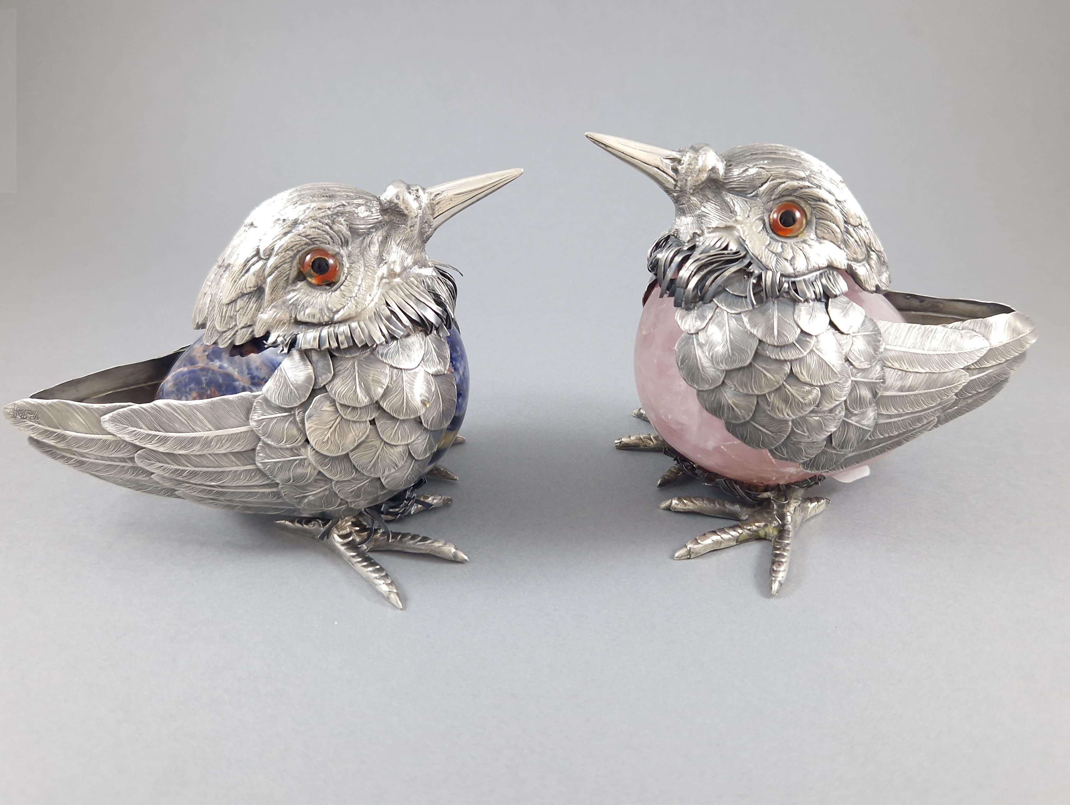 Late 20th Century 2 Birds in Rose Quartz, Lapis Lazuli & Sterling Silver by De Vecchi