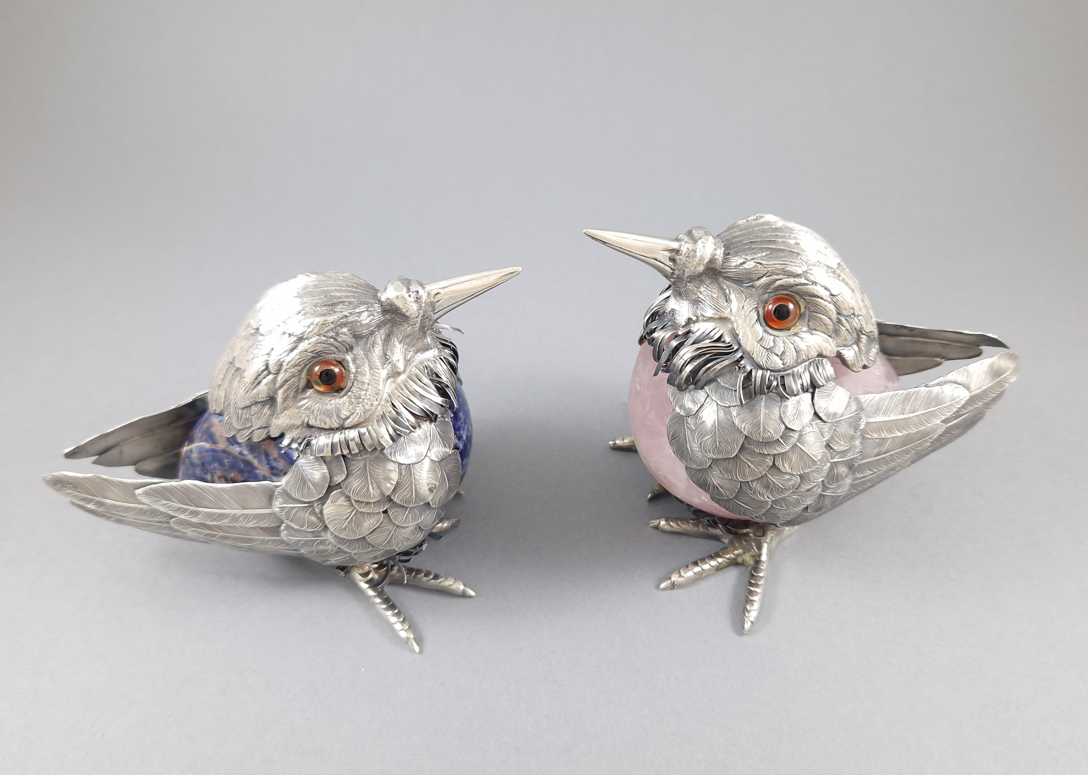2 Birds in Rose Quartz, Lapis Lazuli & Sterling Silver by De Vecchi 1