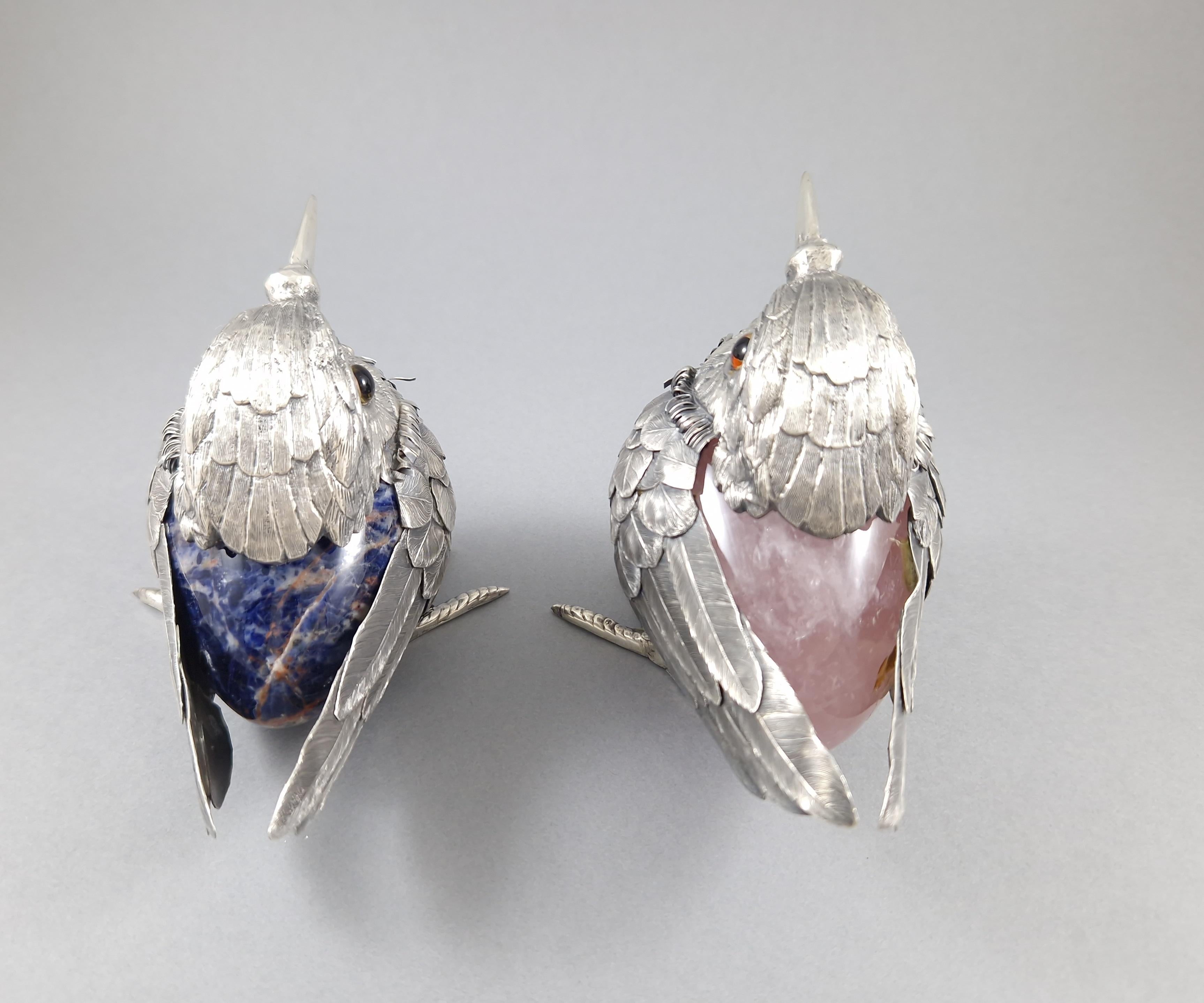 2 Birds in Rose Quartz, Lapis Lazuli & Sterling Silver by De Vecchi 2