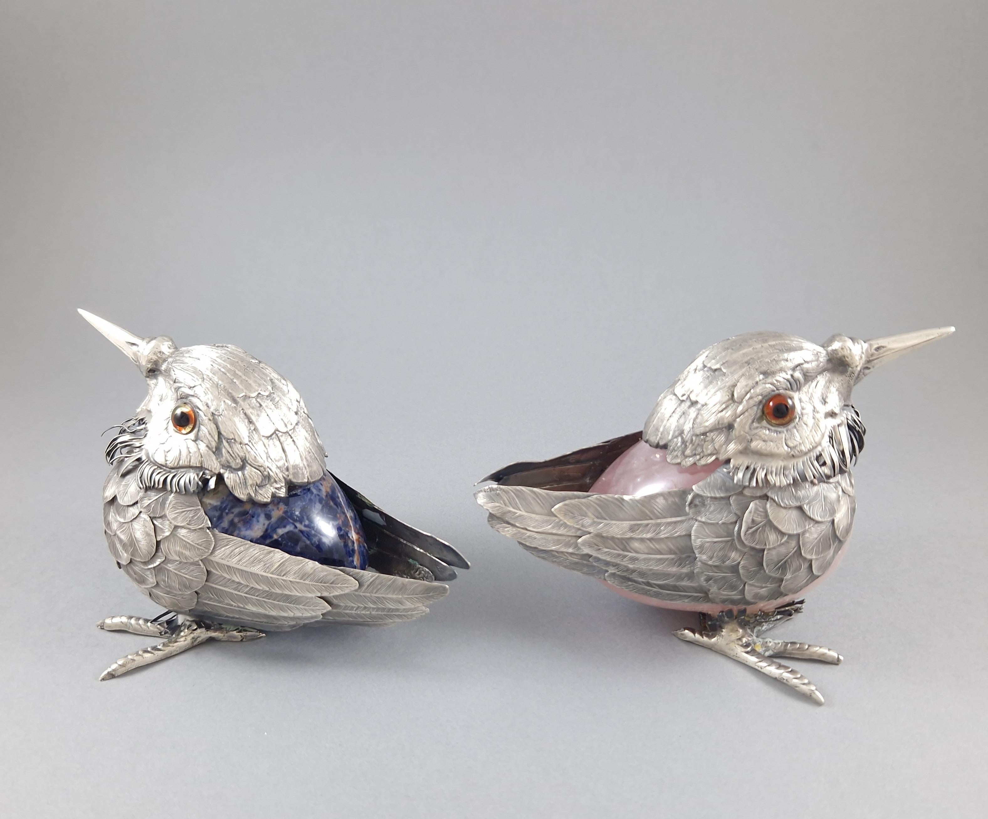 2 Birds in Rose Quartz, Lapis Lazuli & Sterling Silver by De Vecchi 3