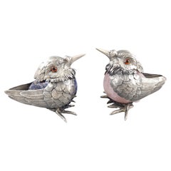 2 Vögel aus Rosenquarz, Lapislazuli und Sterlingsilber von De Vecchi