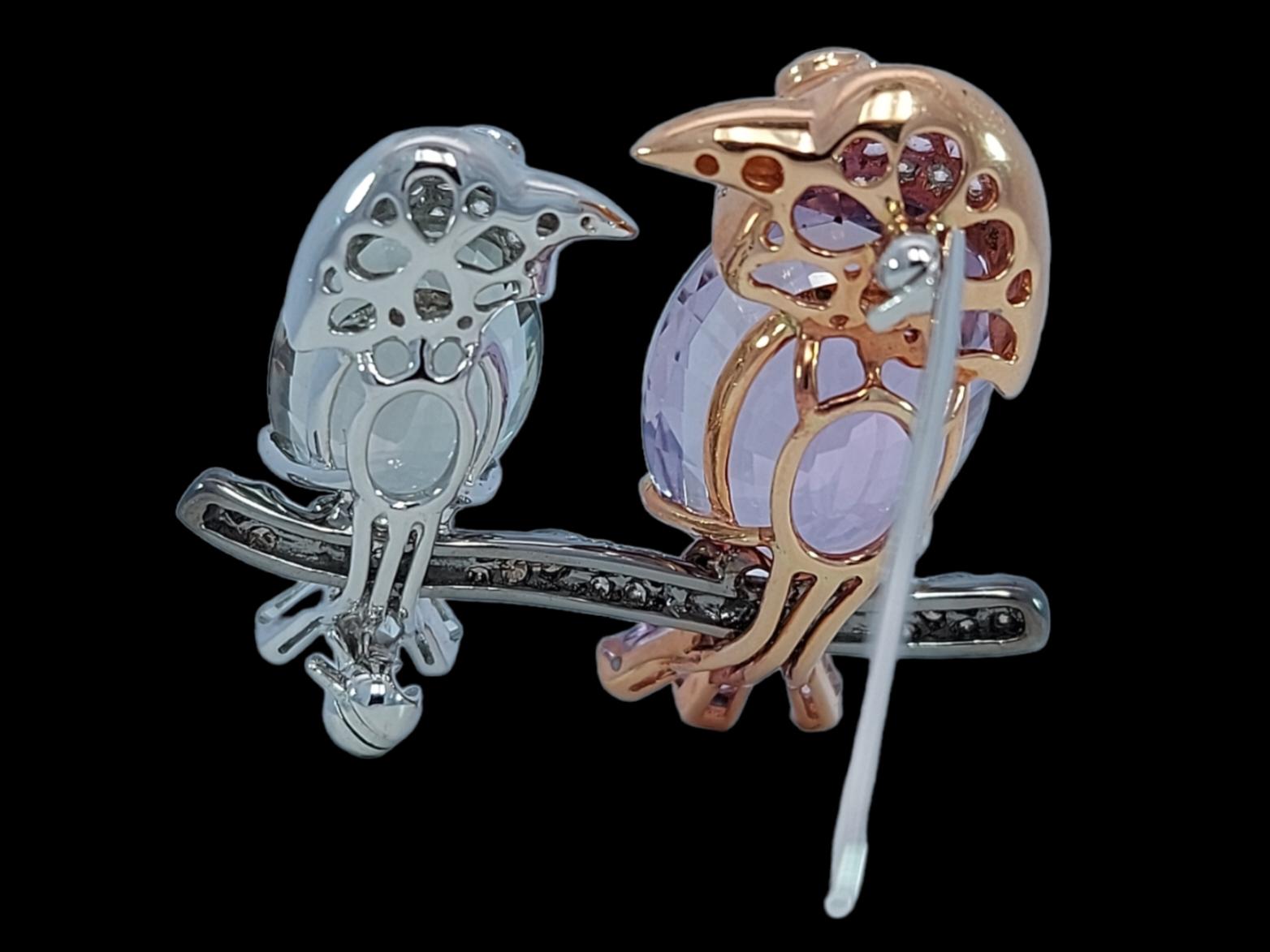 Artisan 2 Birds on a Branch in 18kt Gold , 13.89ct, Semi Precious Stones, Diamonds Brooc For Sale