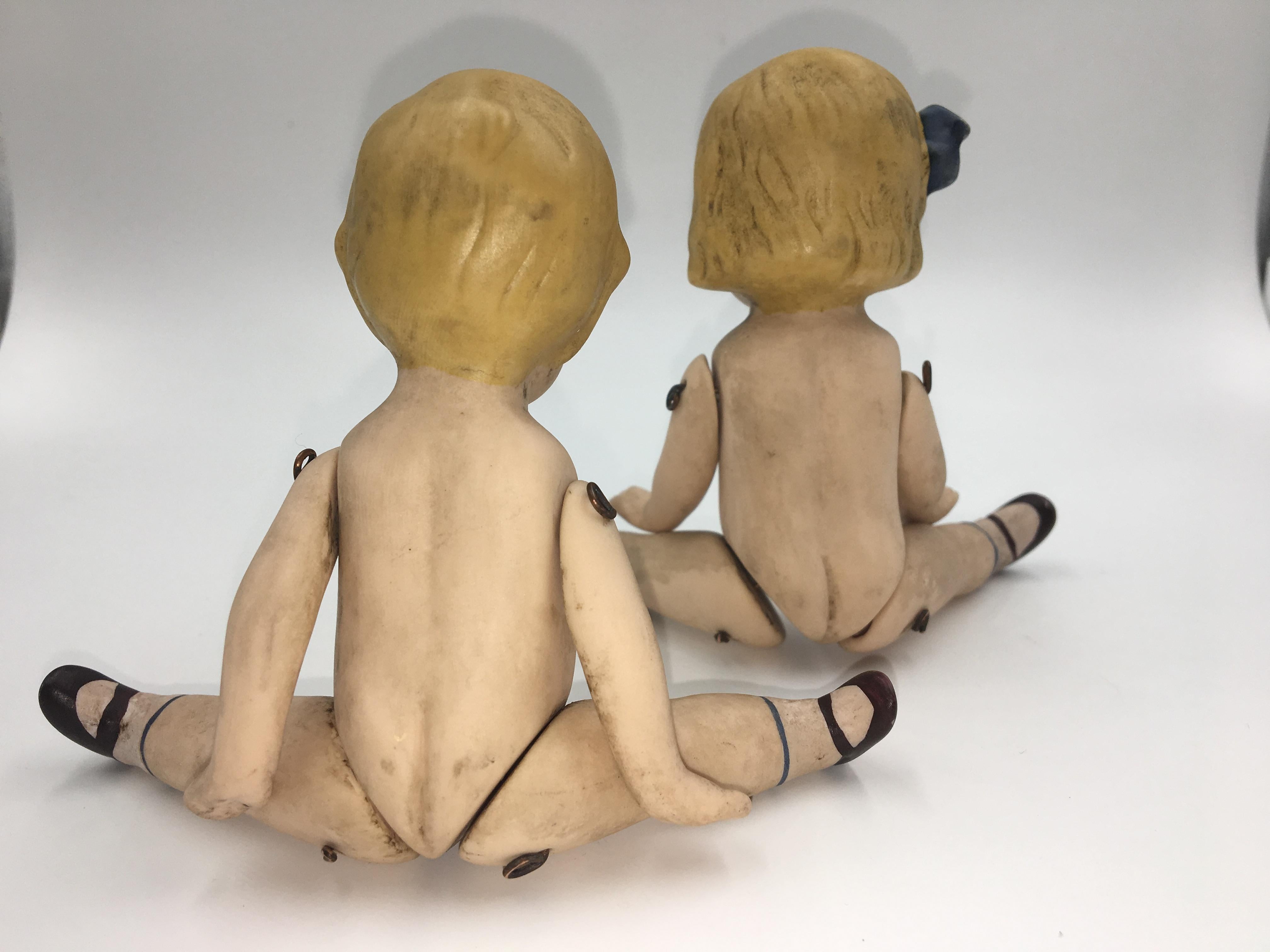 Mid-20th Century 2 Bisque Dolls, Boy and Girl, circa 1930 For Sale