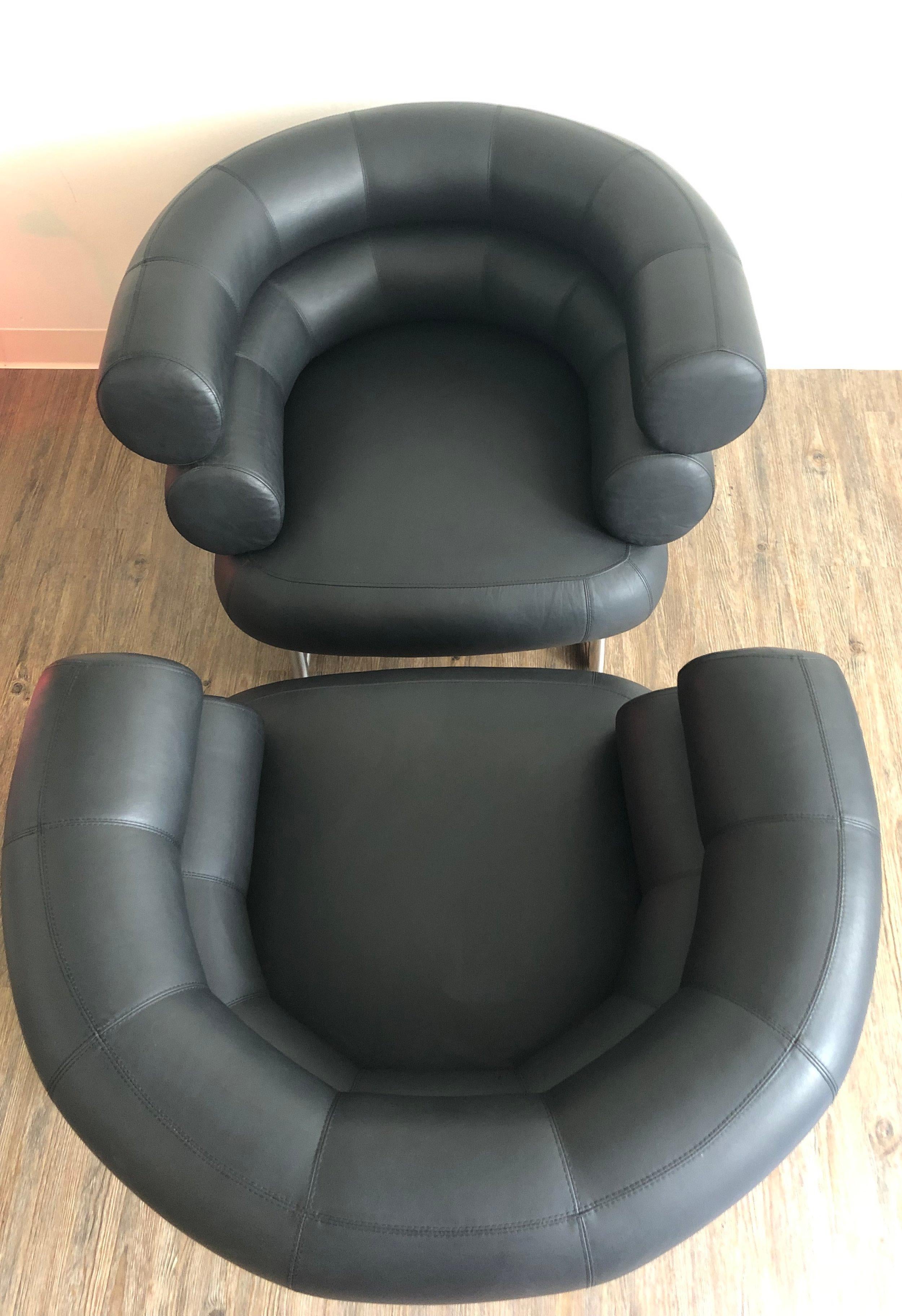 2 Black Leather Eileen Gray Design Of The BIBENDUM Chairs Chrome Base Art Deco  For Sale 8
