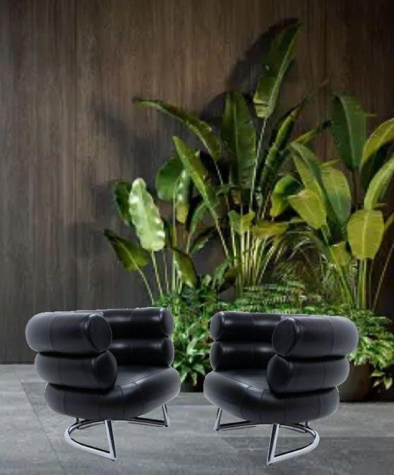 2 Black Leather Eileen Gray Design Of The BIBENDUM Chairs Chrome Base Art Deco  For Sale 13