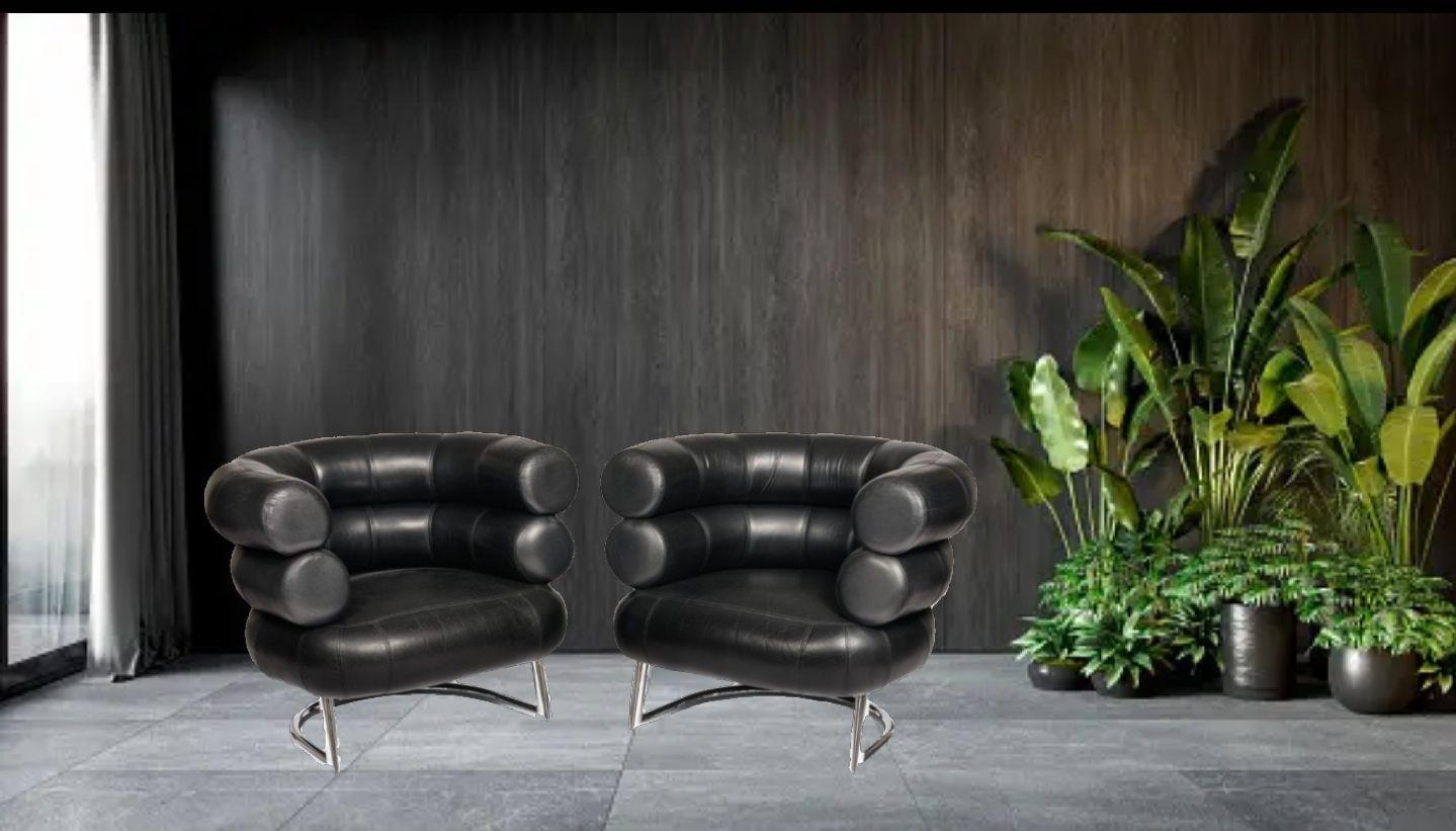 2 Black Leather Eileen Gray Design Of The BIBENDUM Chairs Chrome Base Art Deco  For Sale 14